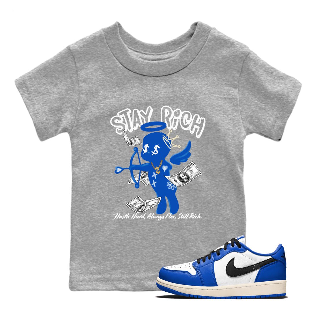 1s Game Royal shirts to match jordans Stay Rich sneaker match tees Air Jordan 1 Retro Low OG Game Royal match shoes to clothes SNRT Sneaker Tees Youth Baby Heather Grey 1 tee