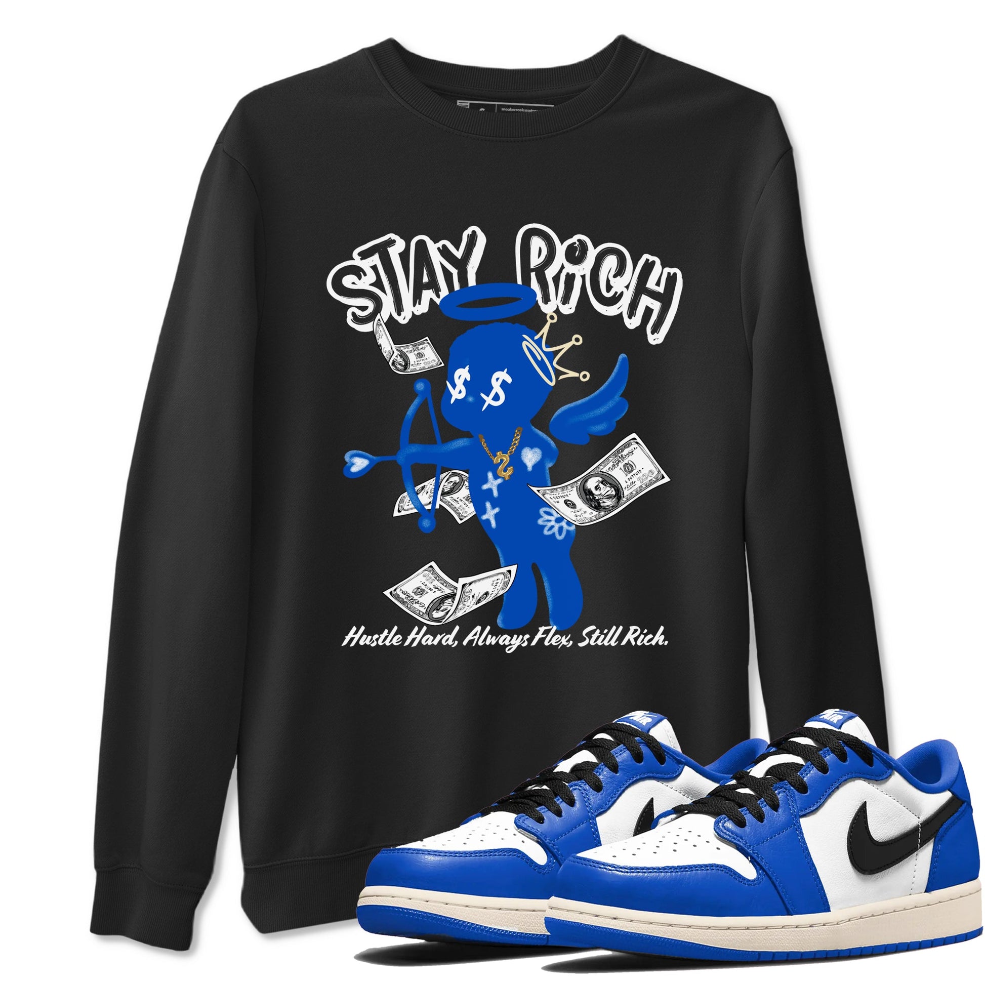 1s Game Royal shirts to match jordans Stay Rich sneaker match tees Air Jordan 1 Retro Low OG Game Royal match shoes to clothes SNRT Sneaker Tees unisex cotton Black 1 shirts