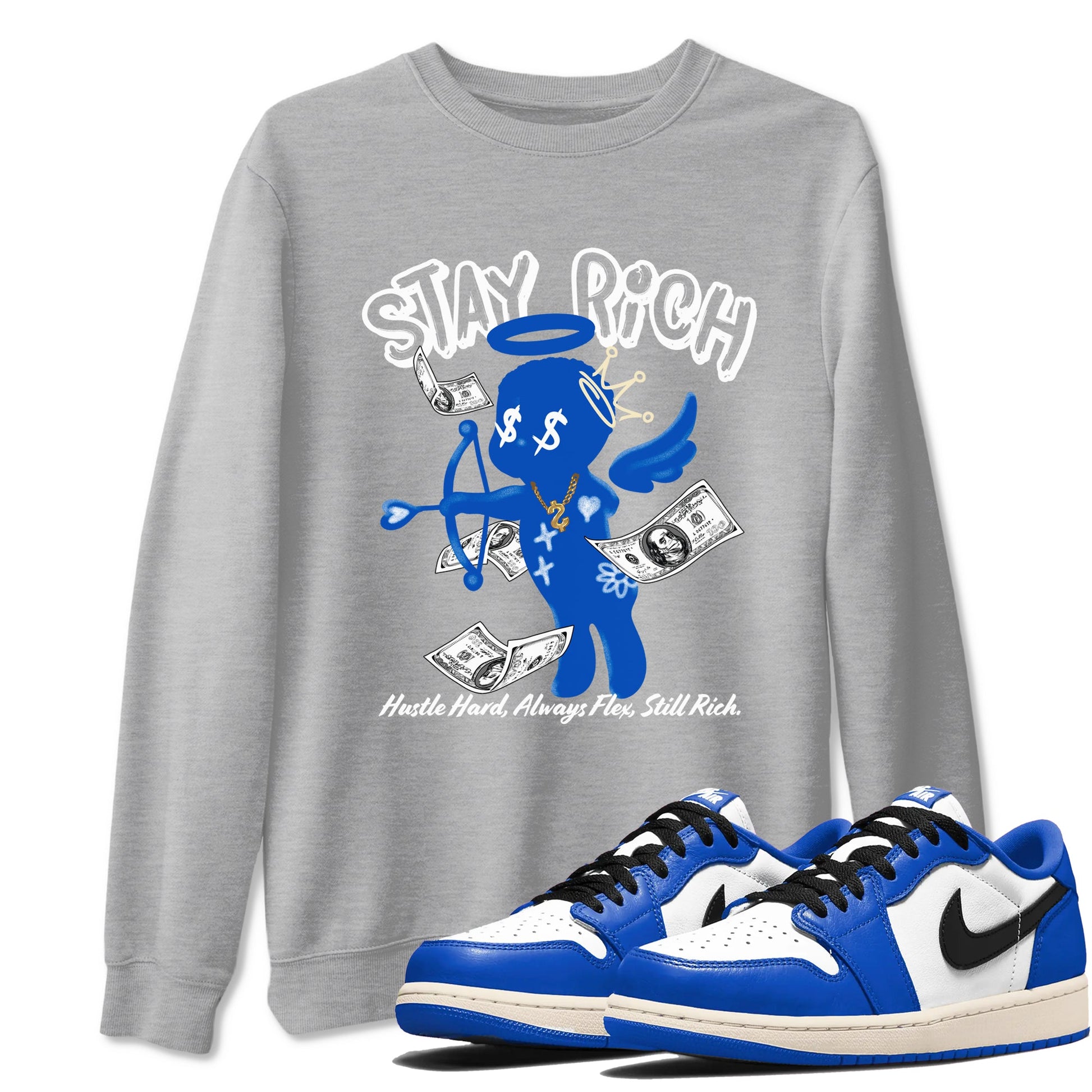 1s Game Royal shirts to match jordans Stay Rich sneaker match tees Air Jordan 1 Retro Low OG Game Royal match shoes to clothes SNRT Sneaker Tees unisex cotton Heather Grey 1 shirts