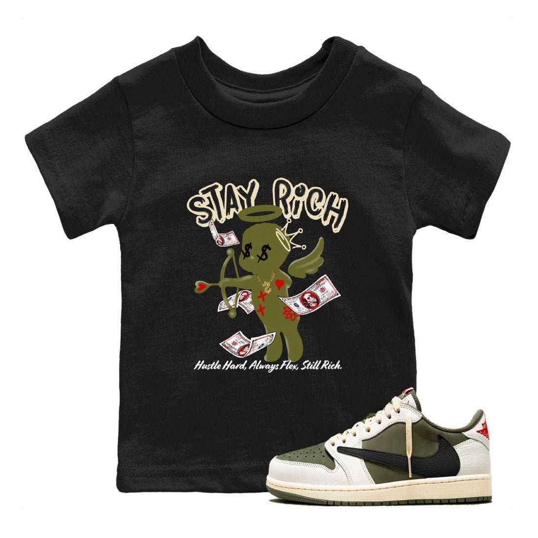 1s Travis Scott Medium Olive shirts to match jordans Stay Rich sneaker match tees Air Jordan 1 Travis Scott Medium Olive match shoes to clothes SNRT Sneaker Tees Youth Baby Black 1 tee