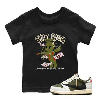 1s Travis Scott Medium Olive shirts to match jordans Stay Rich sneaker match tees Air Jordan 1 Travis Scott Medium Olive match shoes to clothes SNRT Sneaker Tees Youth Baby Black 1 tee
