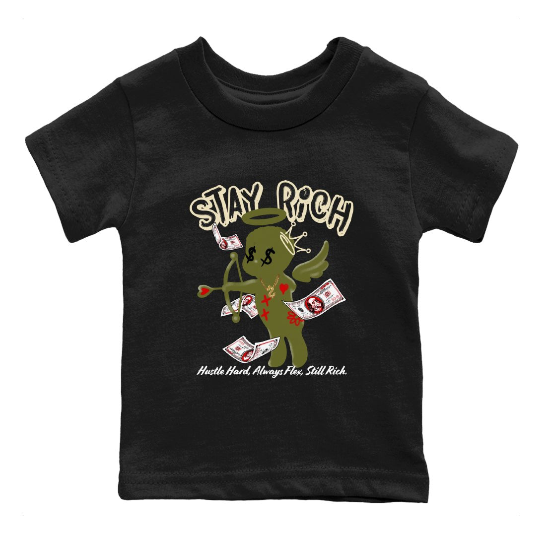 1s Travis Scott Medium Olive shirts to match jordans Stay Rich sneaker match tees Air Jordan 1 Travis Scott Medium Olive match shoes to clothes SNRT Sneaker Tees Youth Baby Black 2 tee