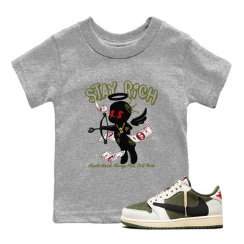 1s Travis Scott Medium Olive shirts to match jordans Stay Rich sneaker match tees Air Jordan 1 Travis Scott Medium Olive match shoes to clothes SNRT Sneaker Tees Youth Baby Heather Grey 1 tee