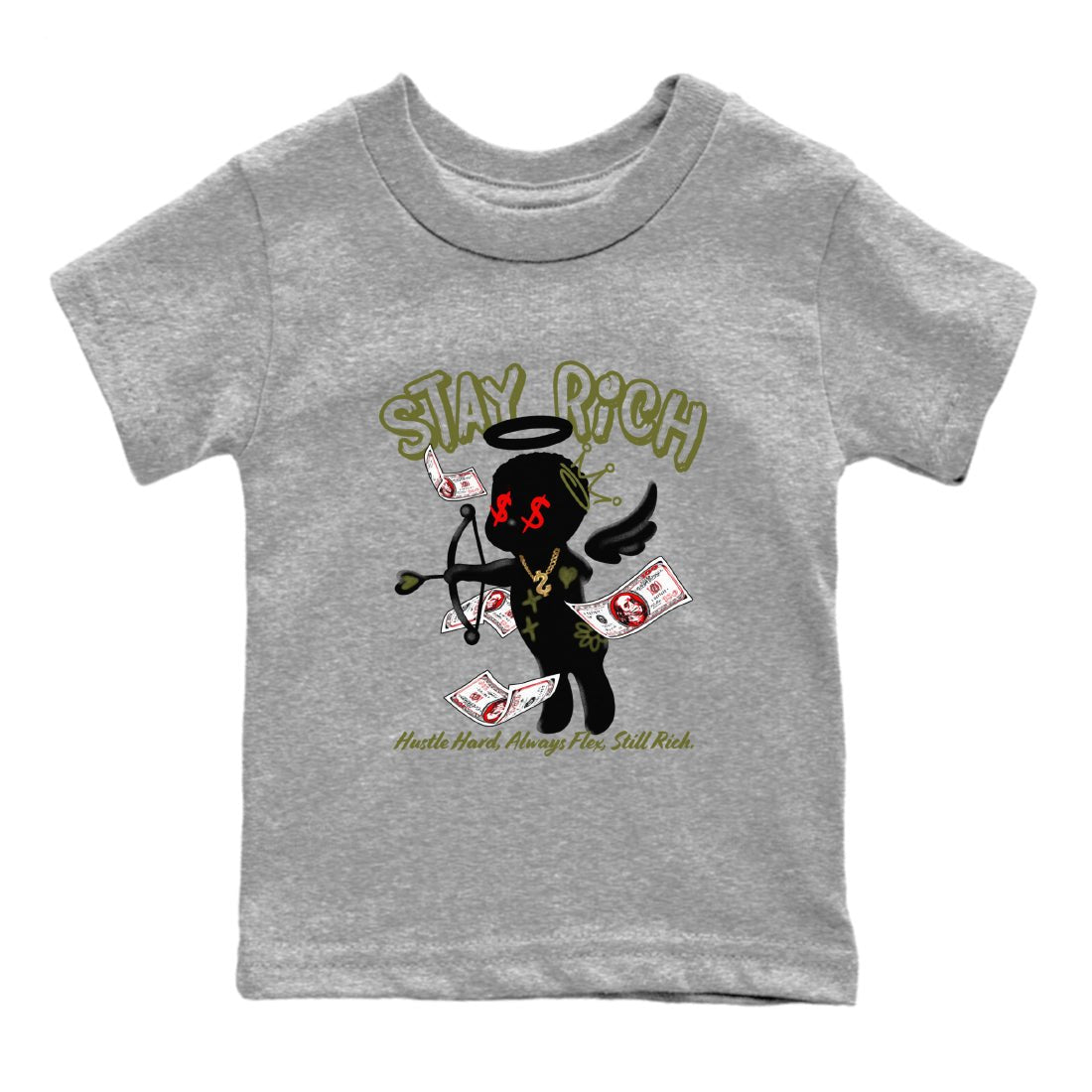 1s Travis Scott Medium Olive shirts to match jordans Stay Rich sneaker match tees Air Jordan 1 Travis Scott Medium Olive match shoes to clothes SNRT Sneaker Tees Youth Baby Heather Grey 2 tee