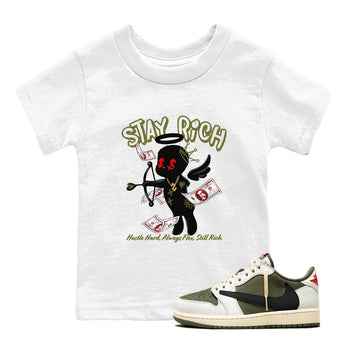 1s Travis Scott Medium Olive shirts to match jordans Stay Rich sneaker match tees Air Jordan 1 Travis Scott Medium Olive match shoes to clothes SNRT Sneaker Tees Youth Baby White 1 tee