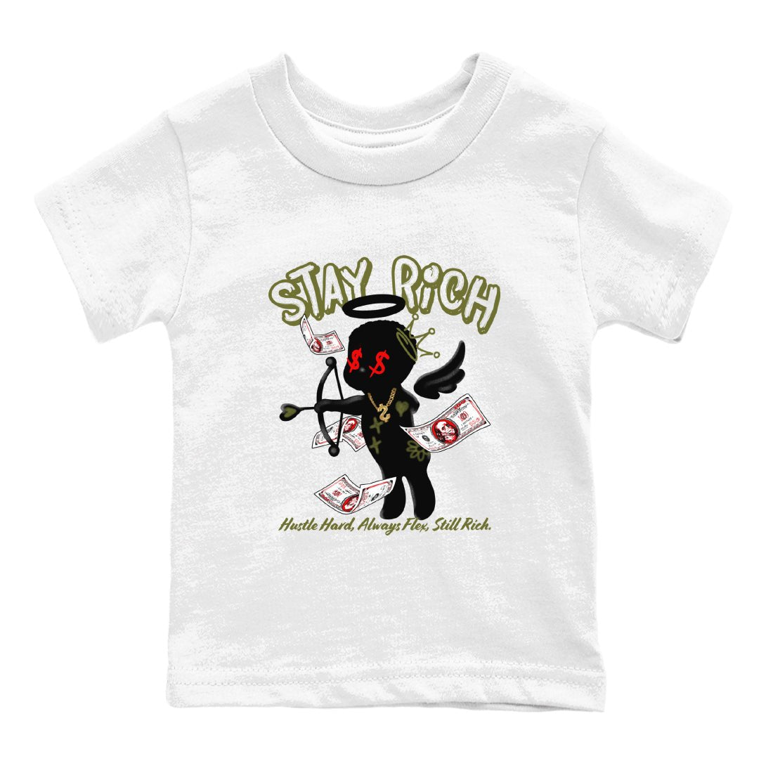 1s Travis Scott Medium Olive shirts to match jordans Stay Rich sneaker match tees Air Jordan 1 Travis Scott Medium Olive match shoes to clothes SNRT Sneaker Tees Youth Baby White 2 tee