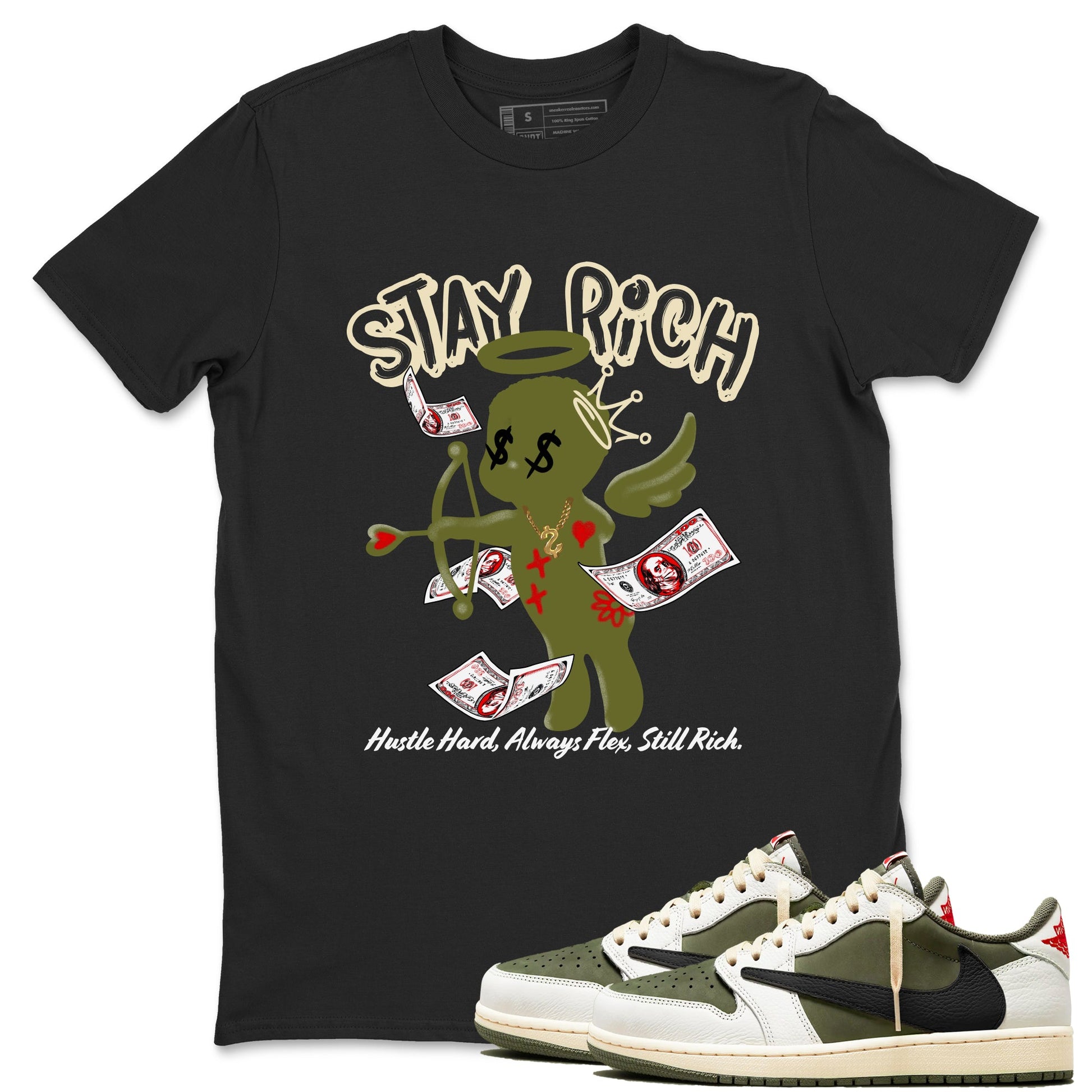 1s Travis Scott Medium Olive shirts to match jordans Stay Rich sneaker match tees Air Jordan 1 Travis Scott Medium Olive match shoes to clothes SNRT Sneaker Tees unisex cotton Black 1 shirts