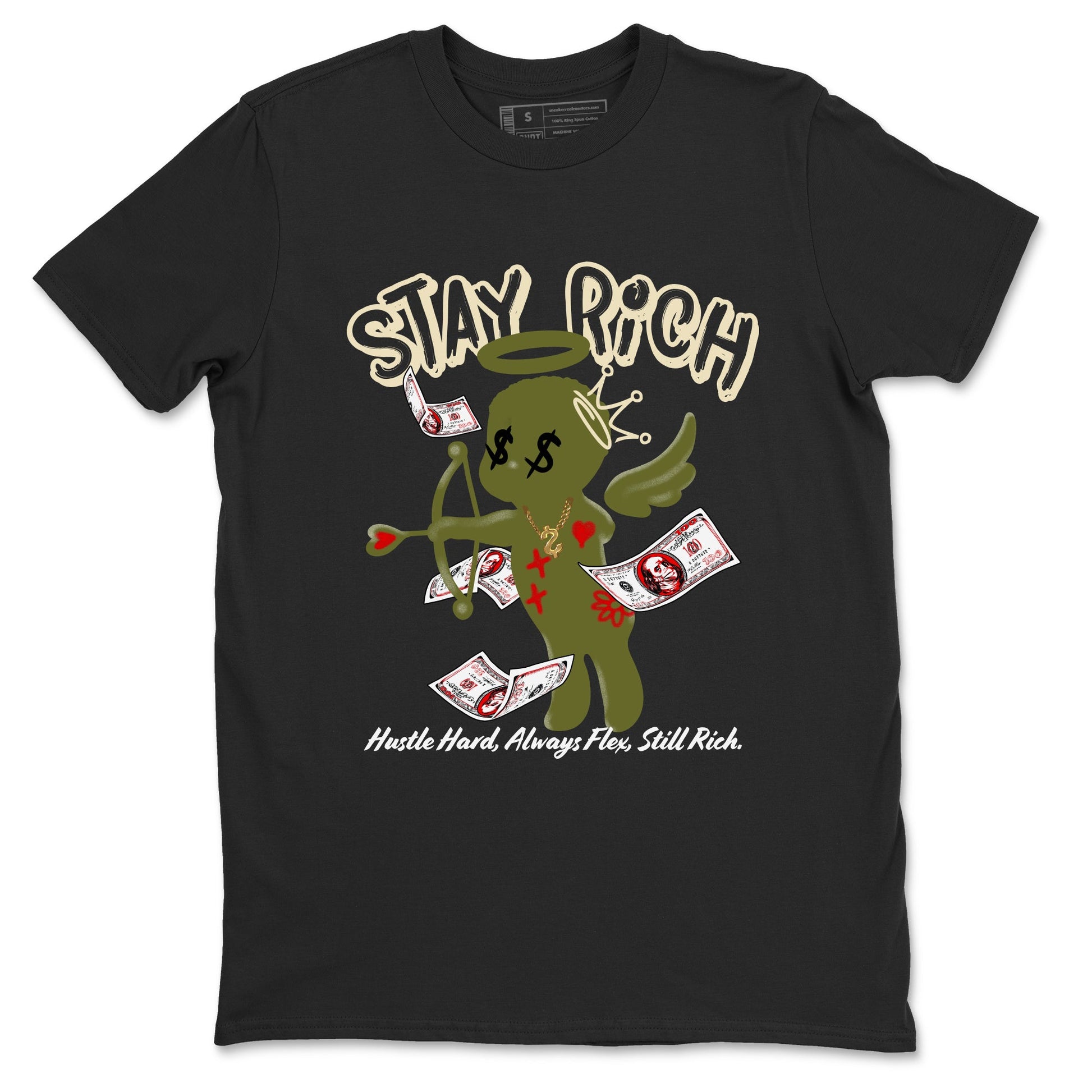 1s Travis Scott Medium Olive shirts to match jordans Stay Rich sneaker match tees Air Jordan 1 Travis Scott Medium Olive match shoes to clothes SNRT Sneaker Tees unisex cotton Black 2 shirts