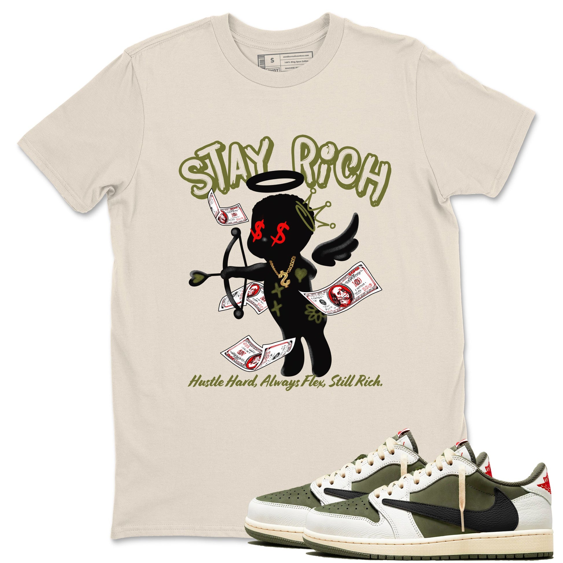 1s Travis Scott Medium Olive shirts to match jordans Stay Rich sneaker match tees Air Jordan 1 Travis Scott Medium Olive match shoes to clothes SNRT Sneaker Tees unisex cotton Natural 1 shirts