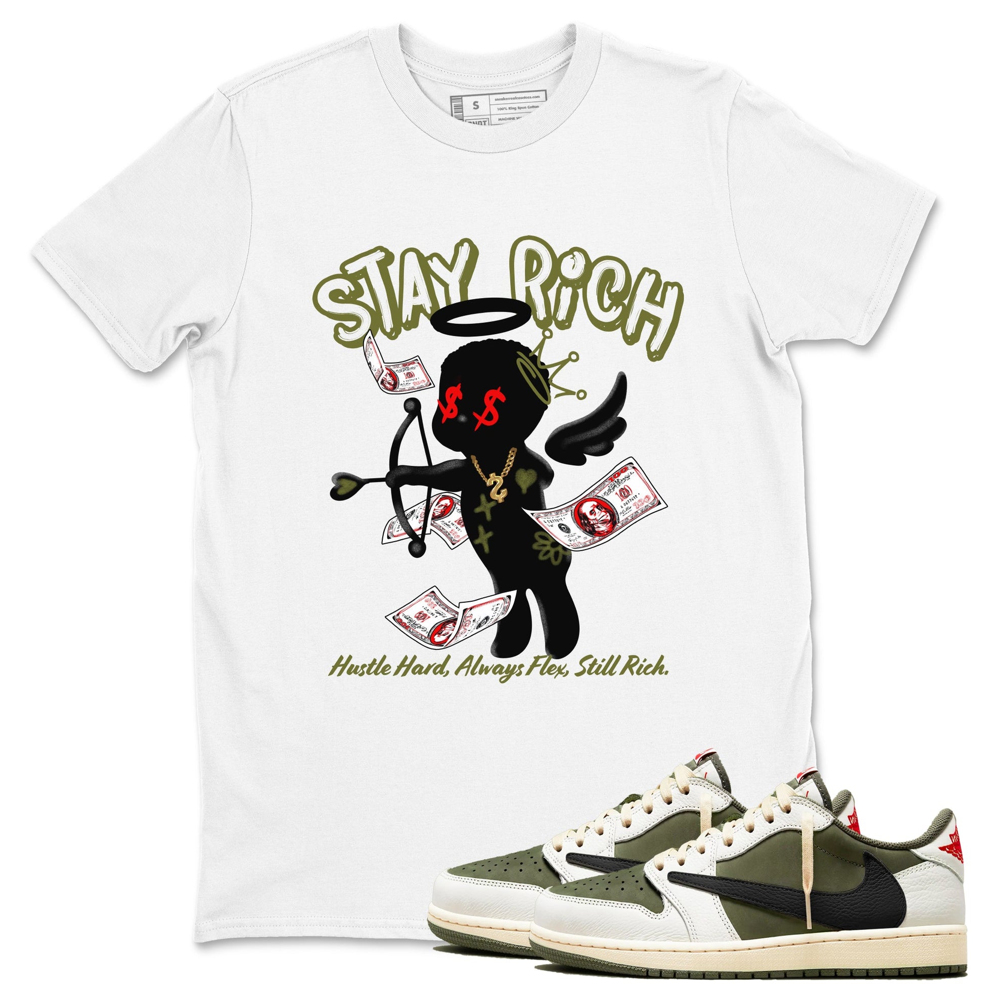 1s Travis Scott Medium Olive shirts to match jordans Stay Rich sneaker match tees Air Jordan 1 Travis Scott Medium Olive match shoes to clothes SNRT Sneaker Tees unisex cotton White 1 shirts