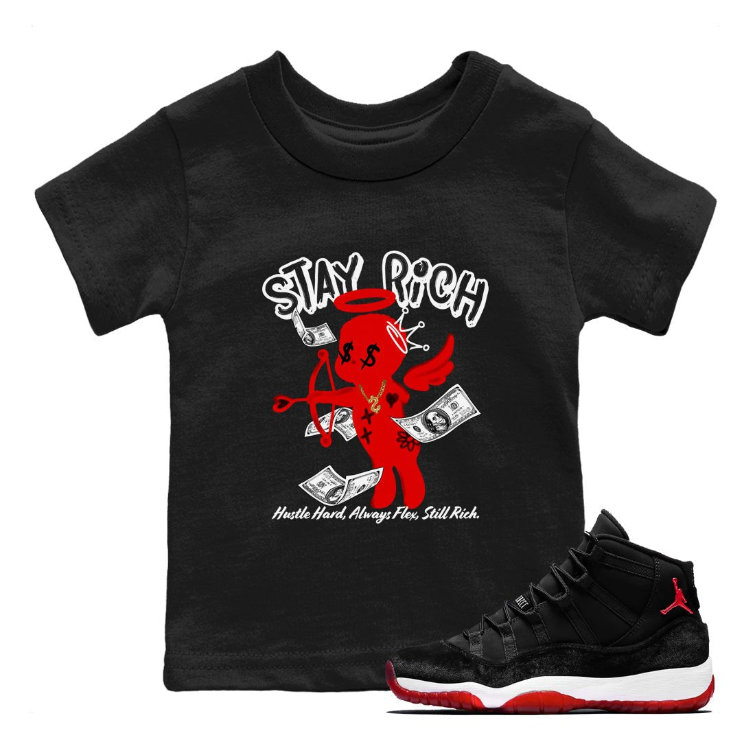 11s Bred Velvet shirts to match jordans Stay Rich sneaker match tees Air Jordan 11 Retro Bred Velvet match shoes to clothes SNRT Sneaker Tees Youth Baby Black 1 tee