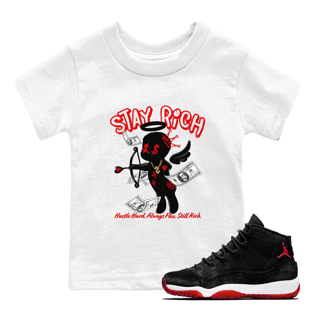 11s Bred Velvet shirts to match jordans Stay Rich sneaker match tees Air Jordan 11 Retro Bred Velvet match shoes to clothes SNRT Sneaker Tees Youth Baby White 1 tee