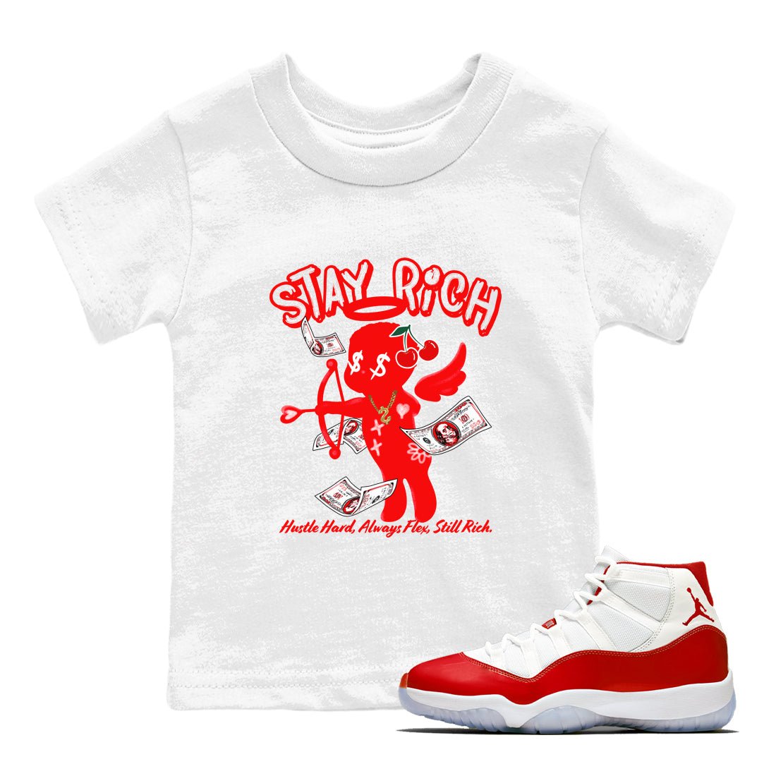 11s Cherry shirts to match jordans Stay Rich sneaker match tees Air Jordan 11 Retro Cherry match shoes to clothes SNRT Sneaker Tees Youth Baby White 1 tee