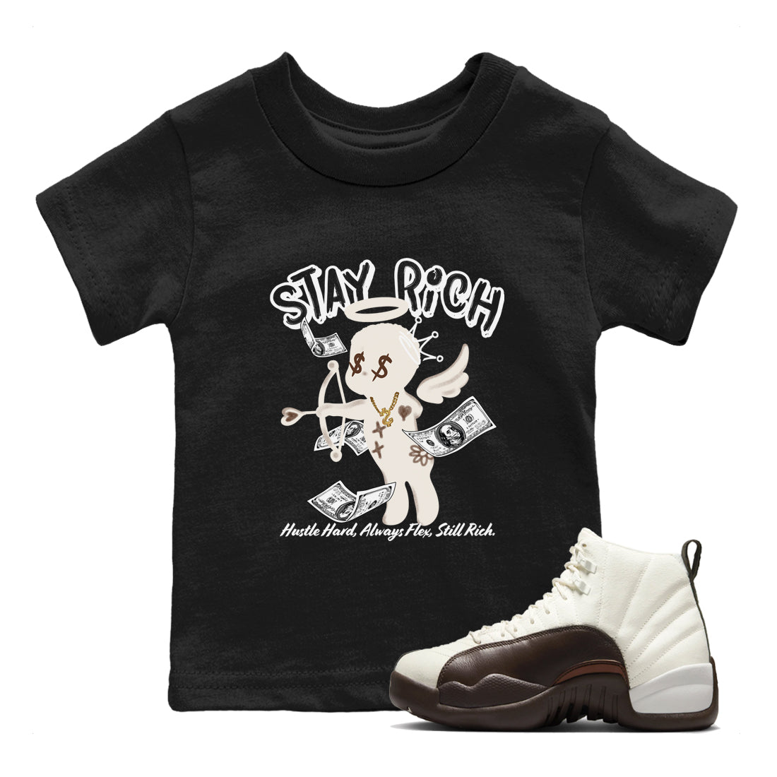 AJ12 Baroque Brown shirts to match jordans Stay Rich best t shirts to wear with jordans SoleFly x Jordan 12 Baroque Brown match shoes to clothes SNRT Sneaker Tees Youth Baby Black 1 tee