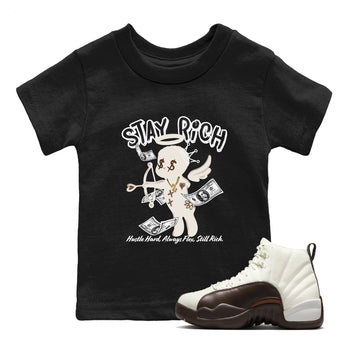 AJ12 Baroque Brown shirts to match jordans Stay Rich best t shirts to wear with jordans SoleFly x Jordan 12 Baroque Brown match shoes to clothes SNRT Sneaker Tees Youth Baby Black 1 tee