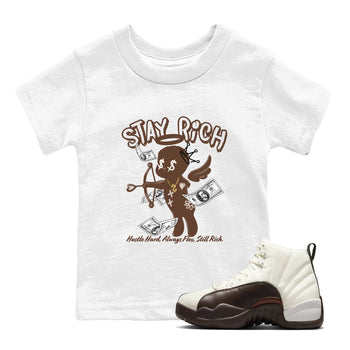 AJ12 Baroque Brown shirts to match jordans Stay Rich best t shirts to wear with jordans SoleFly x Jordan 12 Baroque Brown match shoes to clothes SNRT Sneaker Tees Youth Baby White 1 tee