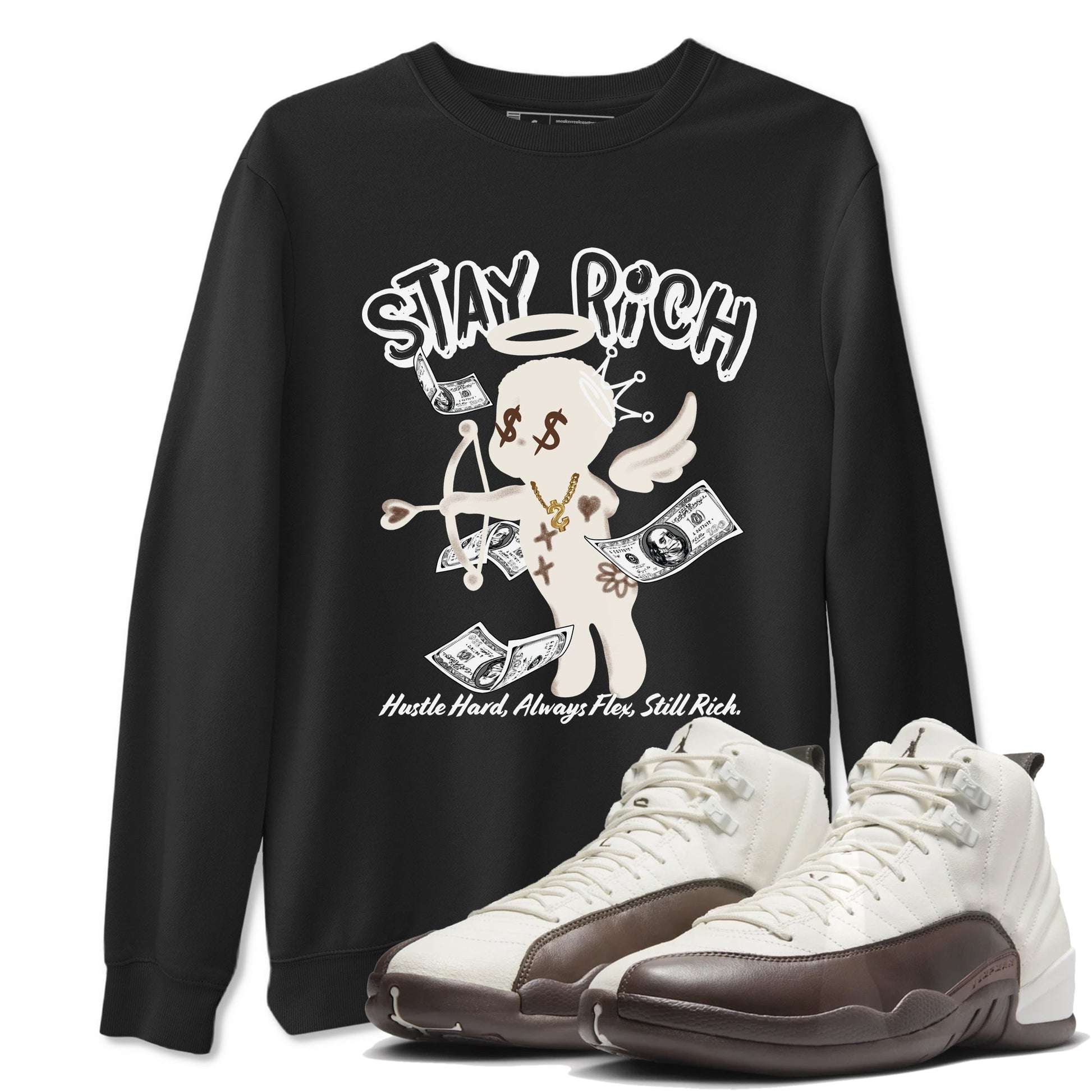 AJ12 Baroque Brown shirts to match jordans Stay Rich best t shirts to wear with jordans SoleFly x Jordan 12 Baroque Brown match shoes to clothes SNRT Sneaker Tees unisex cotton Black 1 shirts