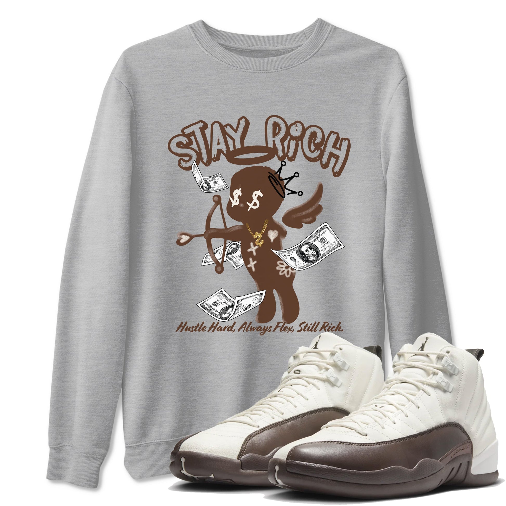 AJ12 Baroque Brown shirts to match jordans Stay Rich best t shirts to wear with jordans SoleFly x Jordan 12 Baroque Brown match shoes to clothes SNRT Sneaker Tees unisex cotton Heather Grey 1 shirts
