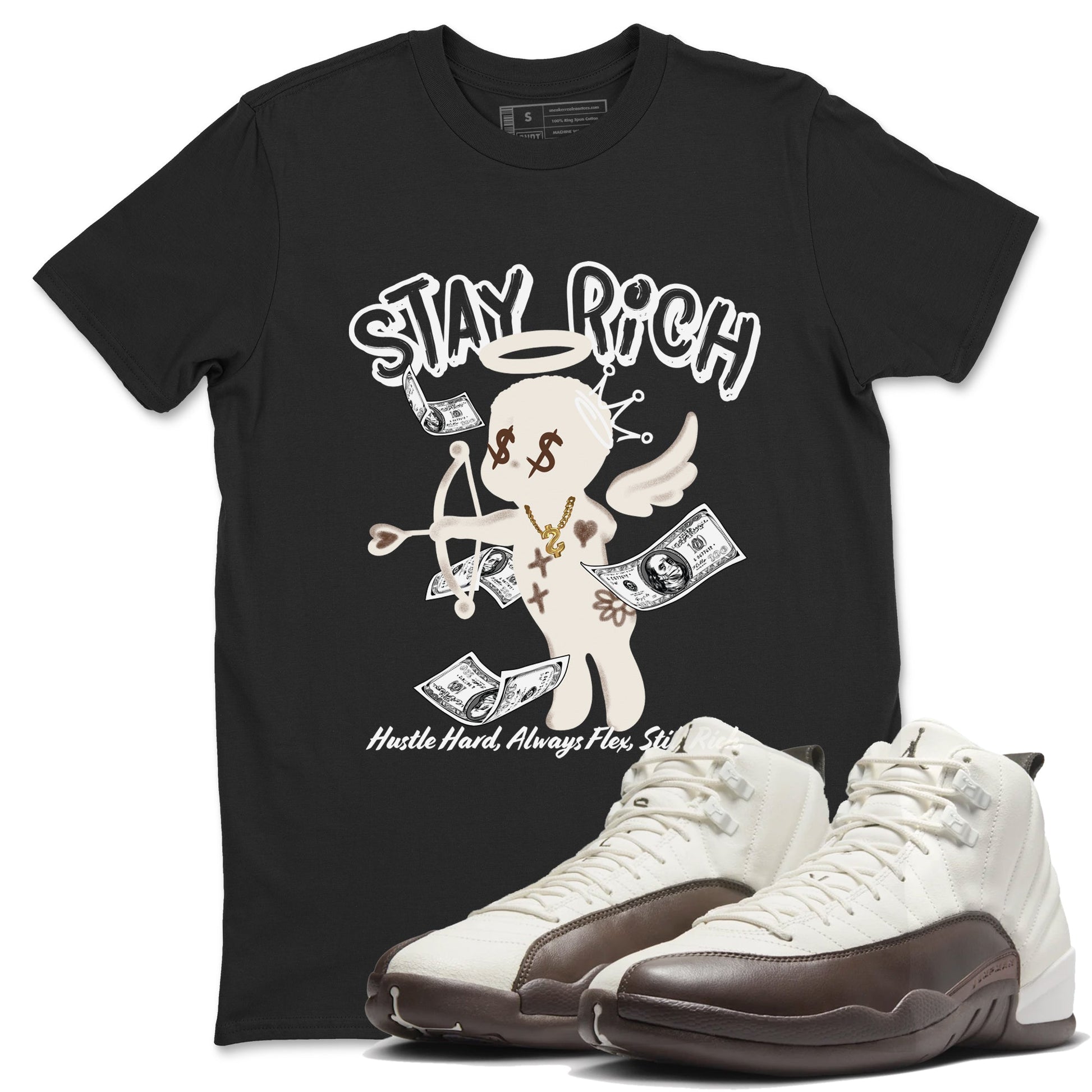 AJ12 Baroque Brown shirts to match jordans Stay Rich best t shirts to wear with jordans SoleFly x Jordan 12 Baroque Brown match shoes to clothes SNRT Sneaker Tees unisex cotton Black 1 shirts