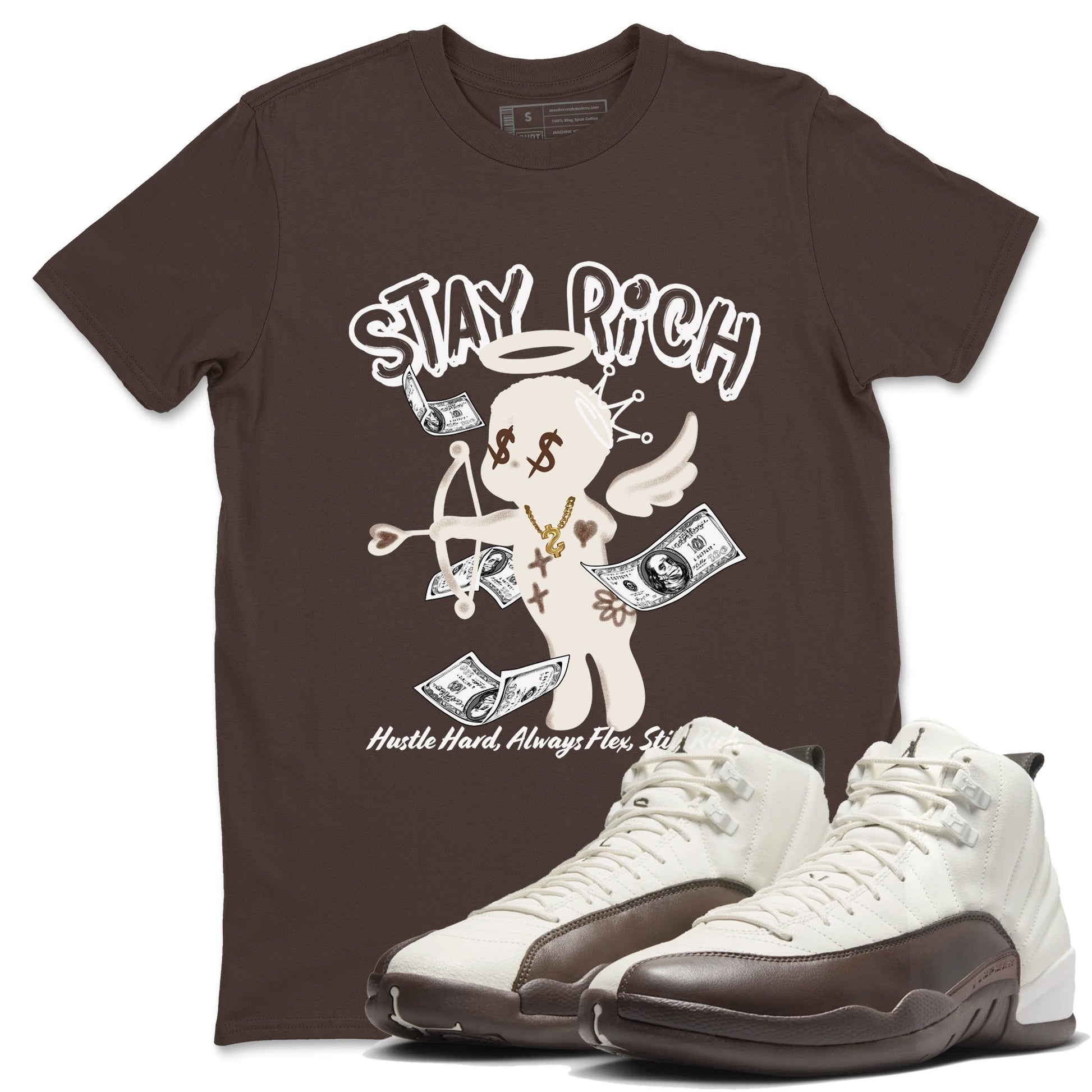 AJ12 Baroque Brown shirts to match jordans Stay Rich best t shirts to wear with jordans SoleFly x Jordan 12 Baroque Brown match shoes to clothes SNRT Sneaker Tees unisex cotton Dark Chocolate 1 shirts