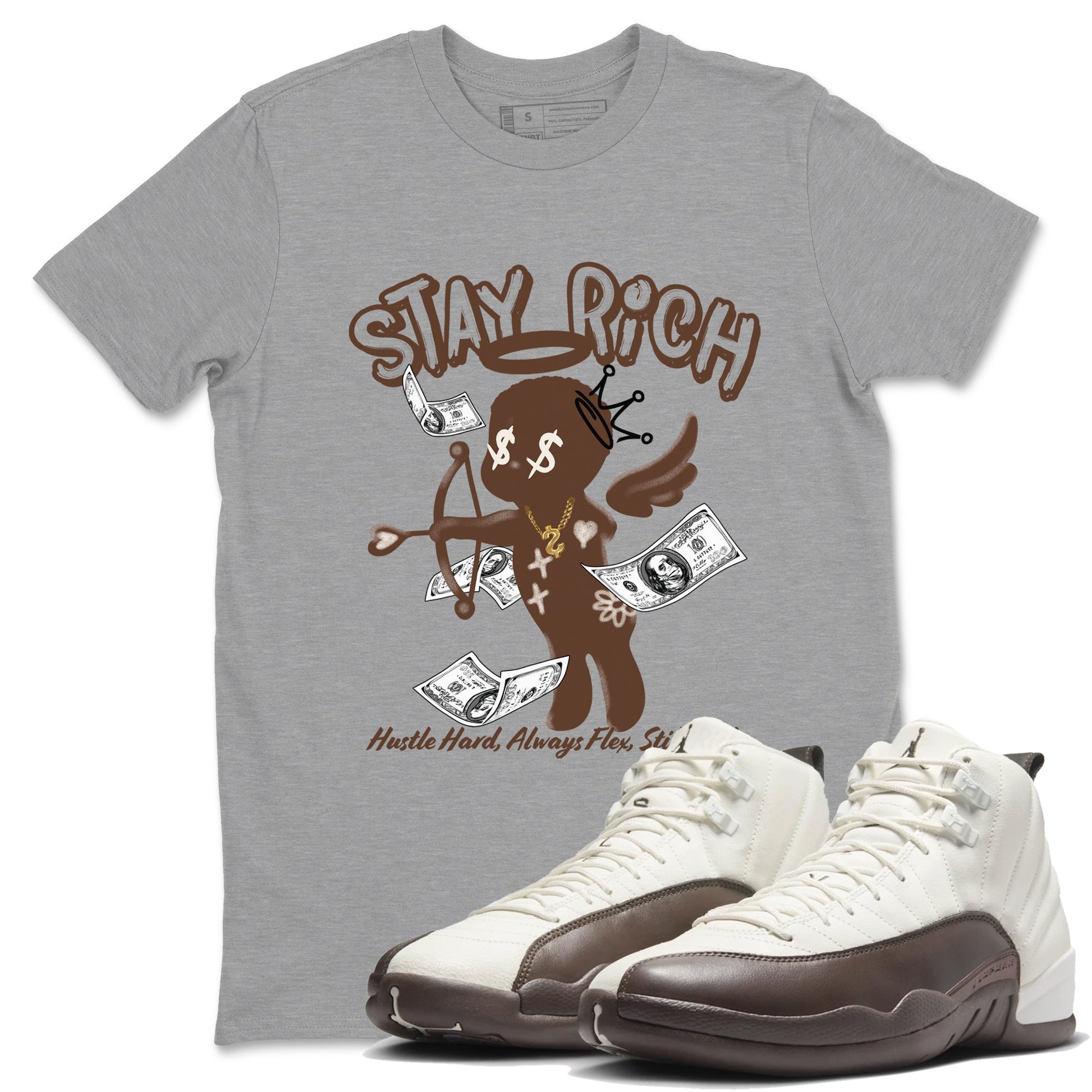 AJ12 Baroque Brown shirts to match jordans Stay Rich best t shirts to wear with jordans SoleFly x Jordan 12 Baroque Brown match shoes to clothes SNRT Sneaker Tees unisex cotton Heather Grey 1 shirts