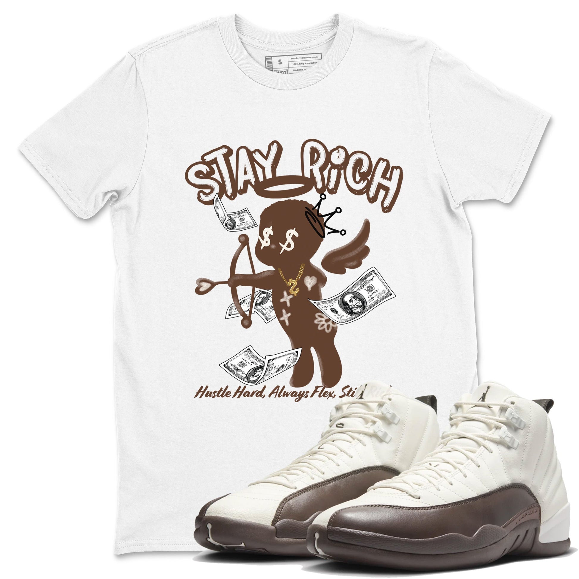 AJ12 Baroque Brown shirts to match jordans Stay Rich best t shirts to wear with jordans SoleFly x Jordan 12 Baroque Brown match shoes to clothes SNRT Sneaker Tees unisex cotton White 1 shirts
