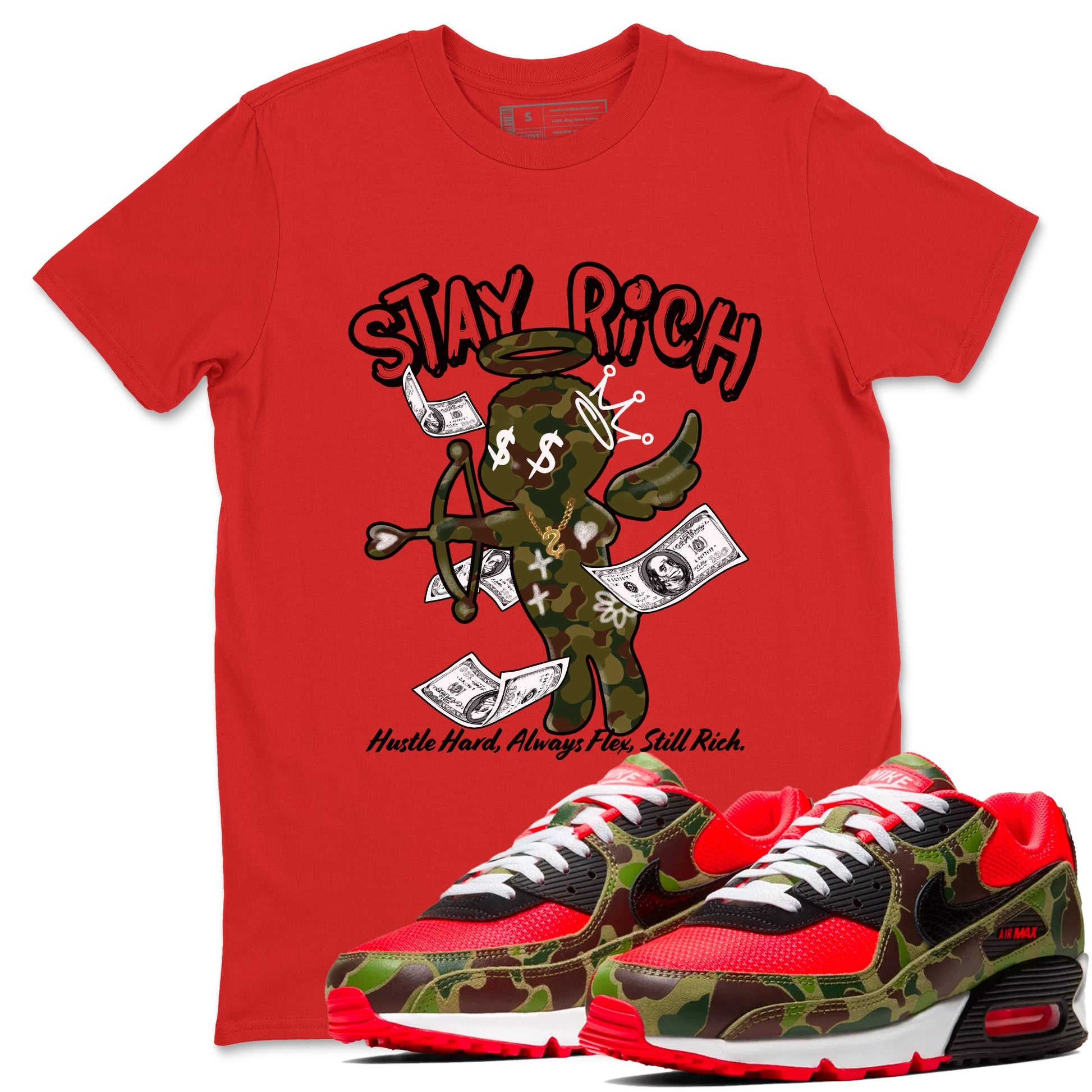 Air Max 90 Duck Camo shirts to match jordans Stay Rich sneaker match tees Air Max 90 Reverse Duck Camo match shoes to clothes SNRT Sneaker Tees unisex cotton Red 1 shirts