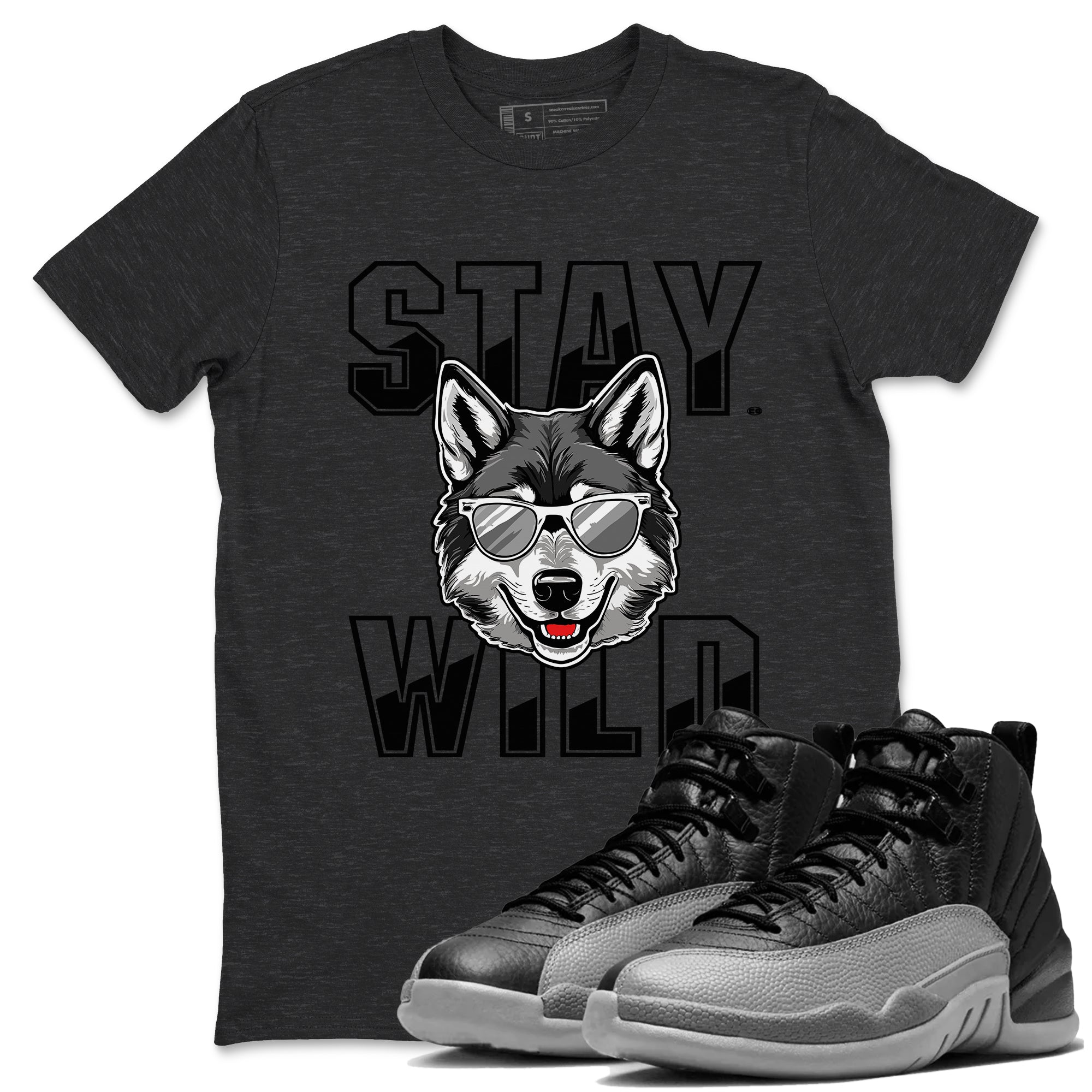 12s Black Wolf Grey shirts to match jordans Stay Wild sneaker match tees 12s Barons match shoes to clothes SNRT Sneaker Tees unisex cotton Charcoal Heather 1 shirts