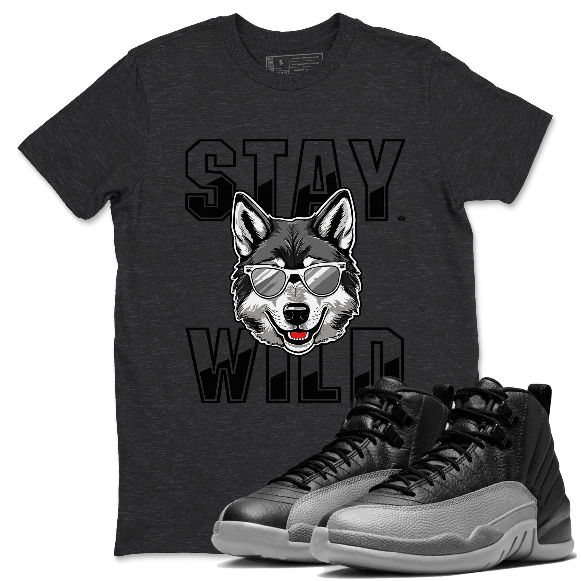 12s Black Wolf Grey shirts to match jordans Stay Wild sneaker match tees 12s Barons match shoes to clothes SNRT Sneaker Tees unisex cotton Charcoal Heather 1 shirts
