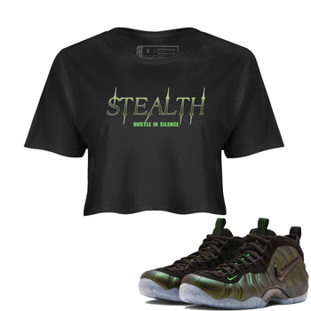 Sneaker match tees – Sneaker Tees To Match Air Foamposite One Pine Green Shoes – Stealth Crop T-Shirt Black 1