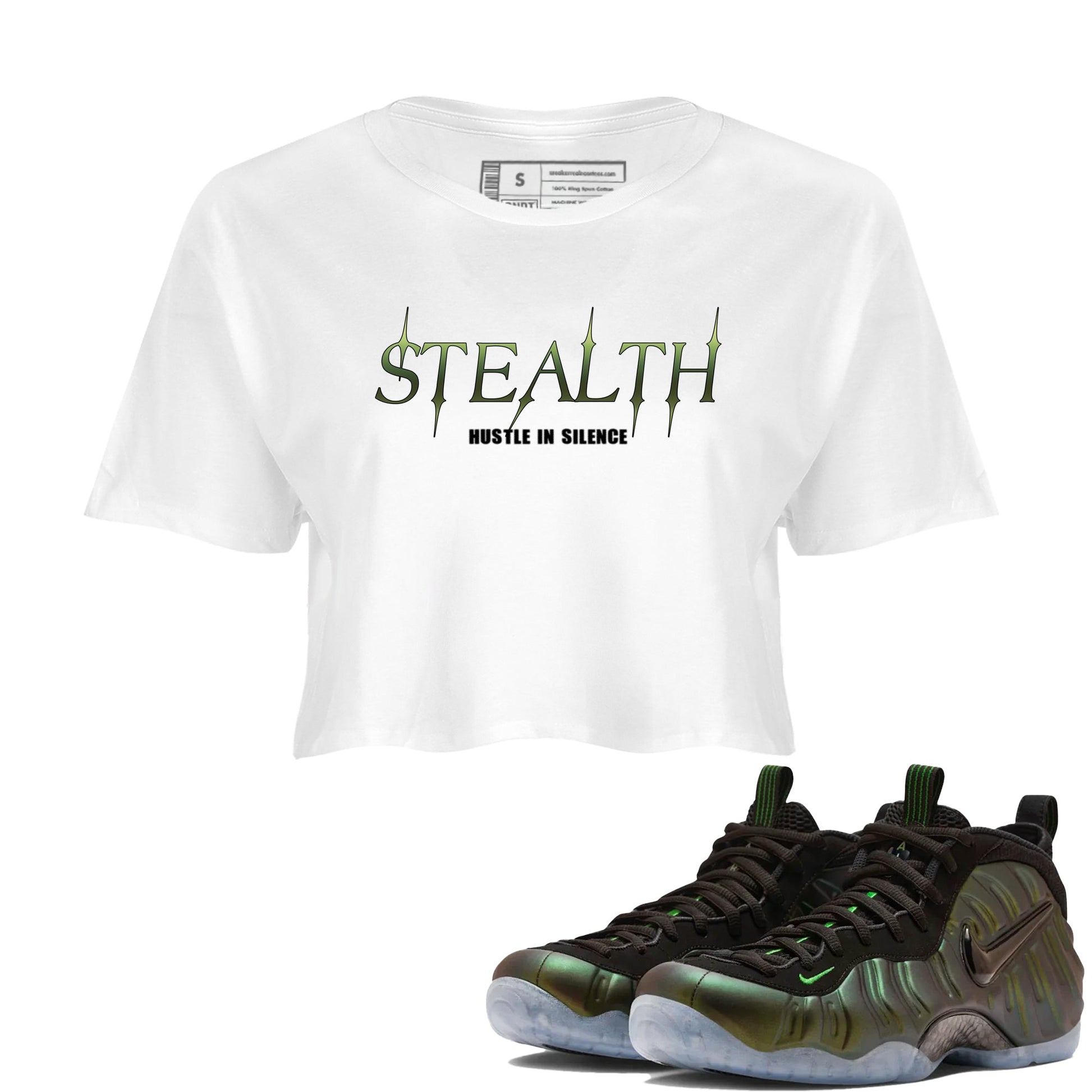 Sneaker match tees – Sneaker Tees To Match Air Foamposite One Pine Green Shoes – Stealth Crop T-Shirt White 1
