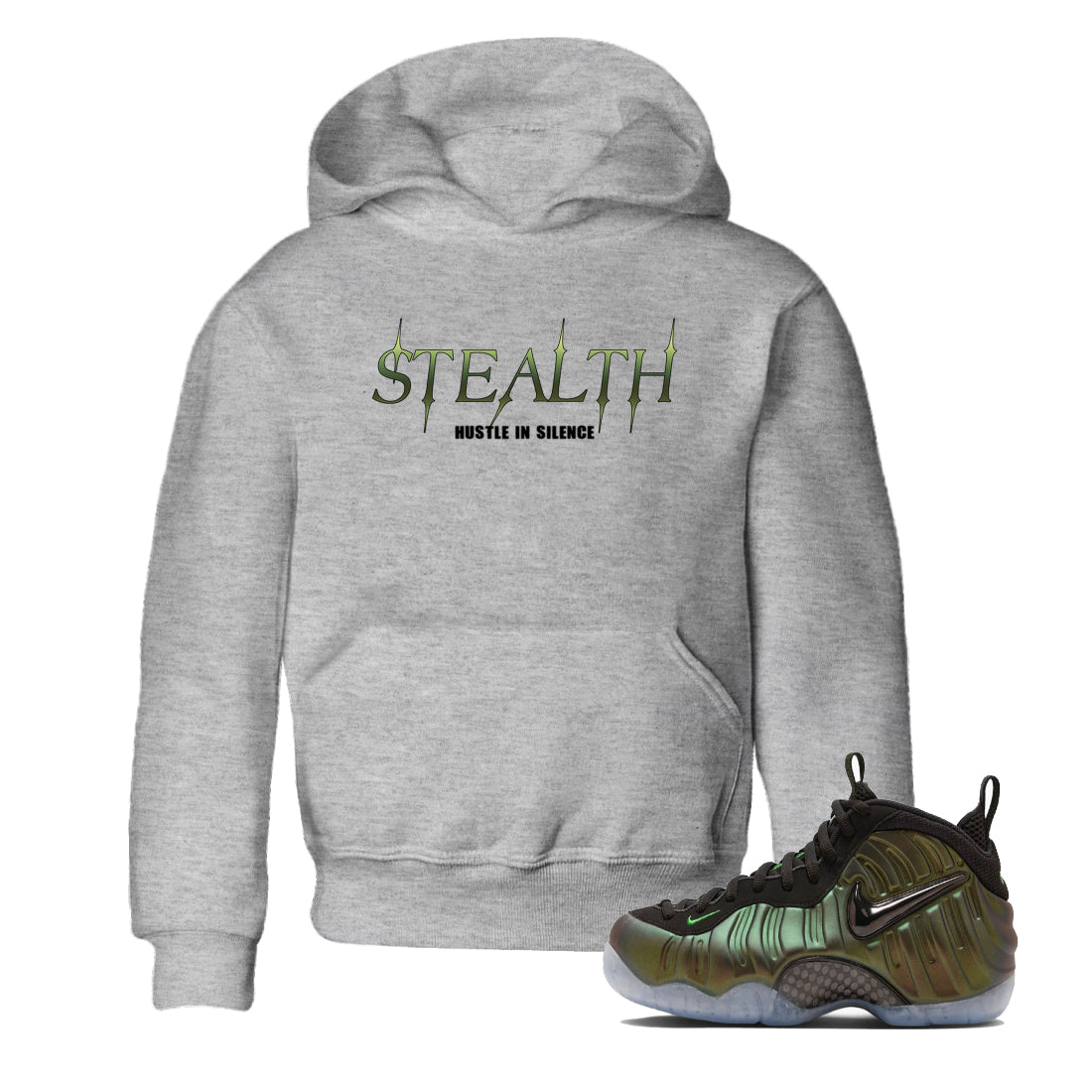 Sneaker match tees – Sneaker Tees To Match Air Foamposite One Pine Green Shoes – Stealth Kids T-Shirt Heather Grey 1