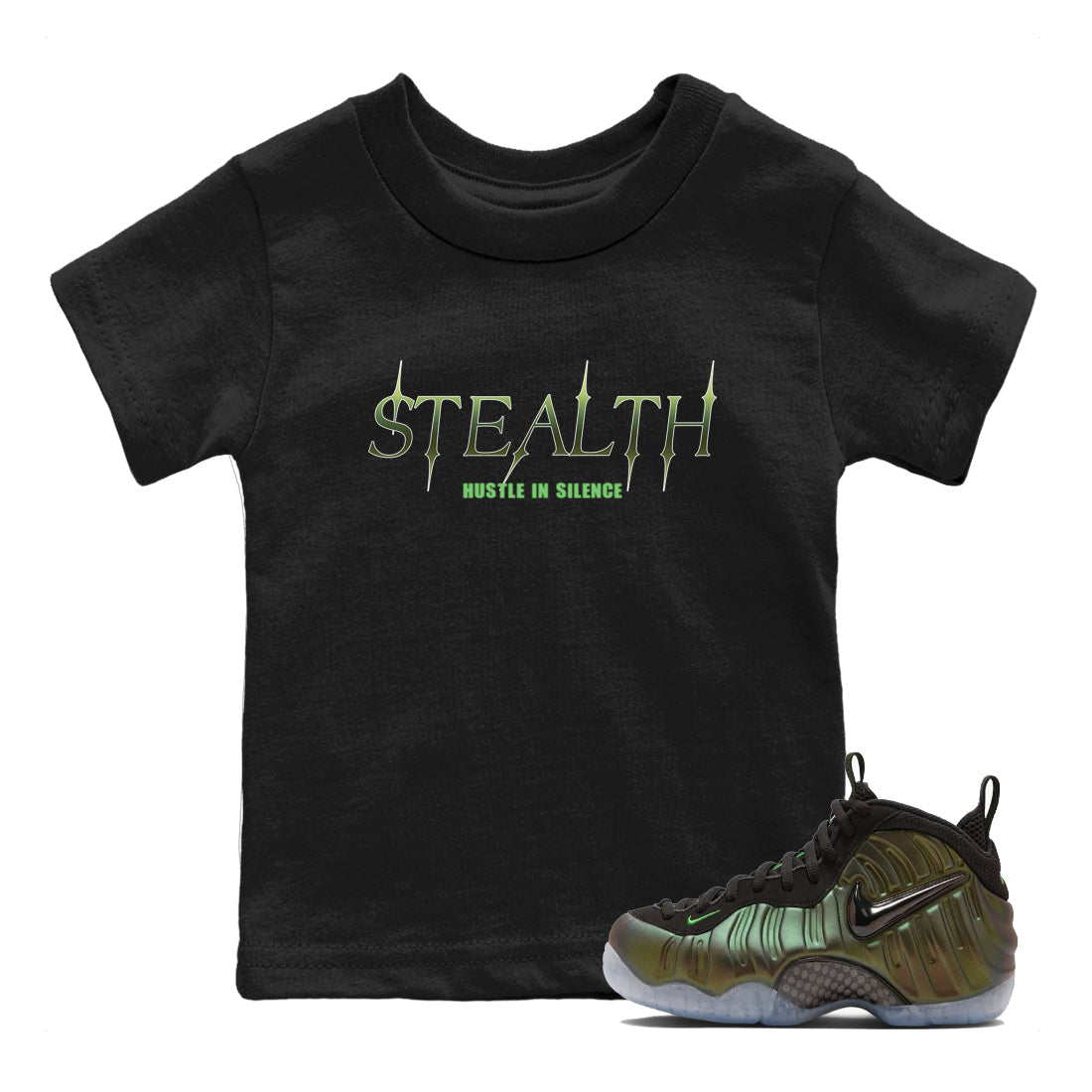 Sneaker match tees – Sneaker Tees To Match Air Foamposite One Pine Green Shoes – Stealth Kids T-Shirt Black 1