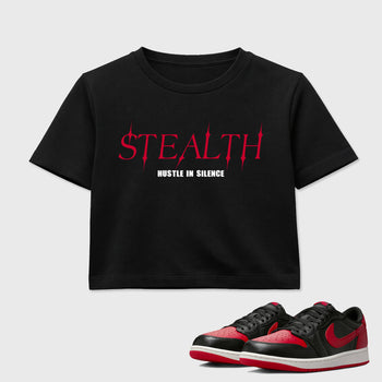 Sneaker match tees – Sneaker Tees To Match Air Jordan 1 Banned Shoes – Stealth Crop T-Shirt Black 1