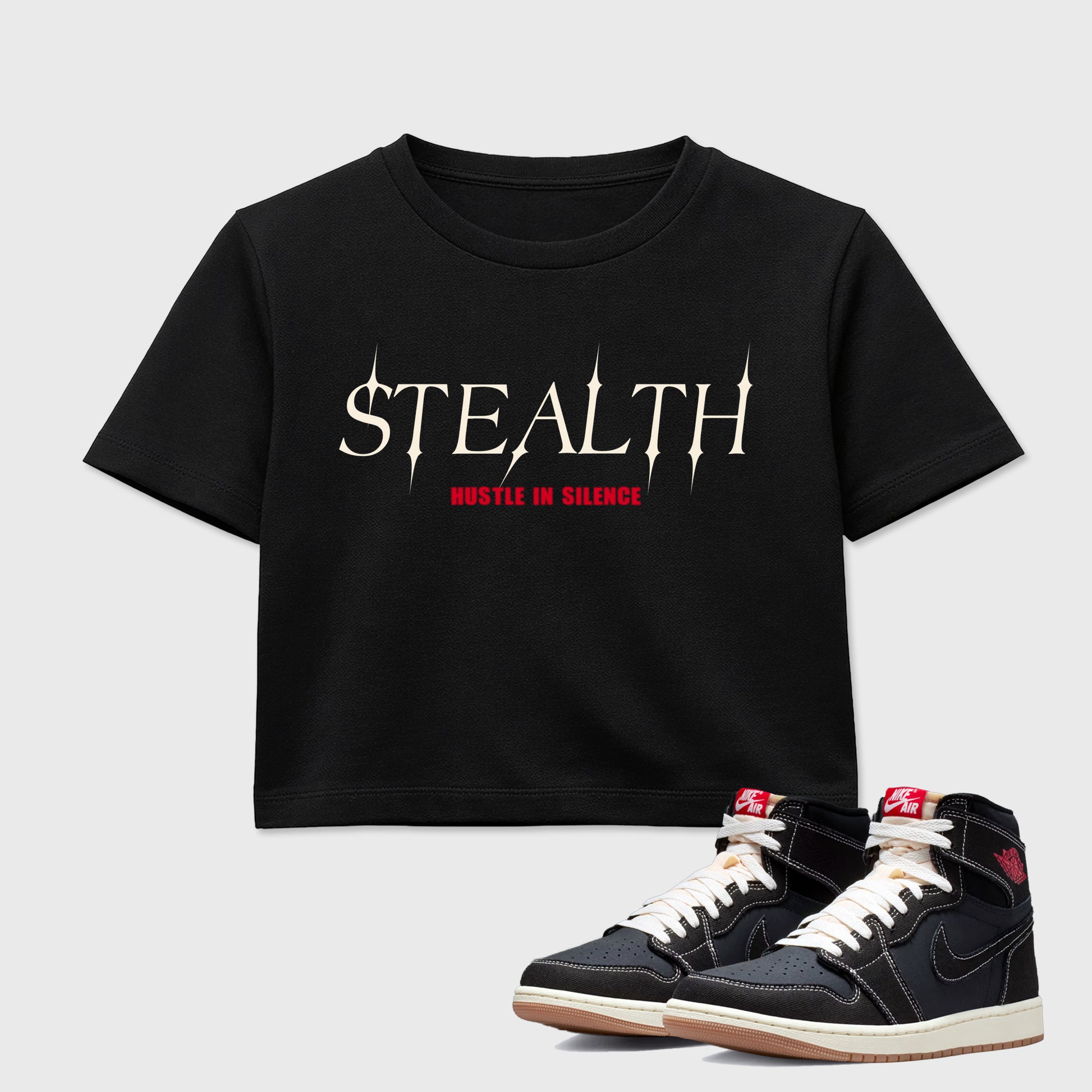 Sneaker match tees – Sneaker Tees To Match Air Jordan 1 Flight Club Shoes – Stealth Crop T-Shirt Black 1