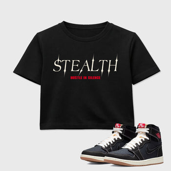 Sneaker match tees – Sneaker Tees To Match Air Jordan 1 Flight Club Shoes – Stealth Crop T-Shirt Black 1