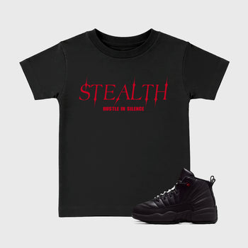 Stealth affordable baby and kids t-shirt designed to match the Air Jordan 12 Bloodline, featuring coordinated Black 1 options for the perfect little sneakerhead streetwear look.