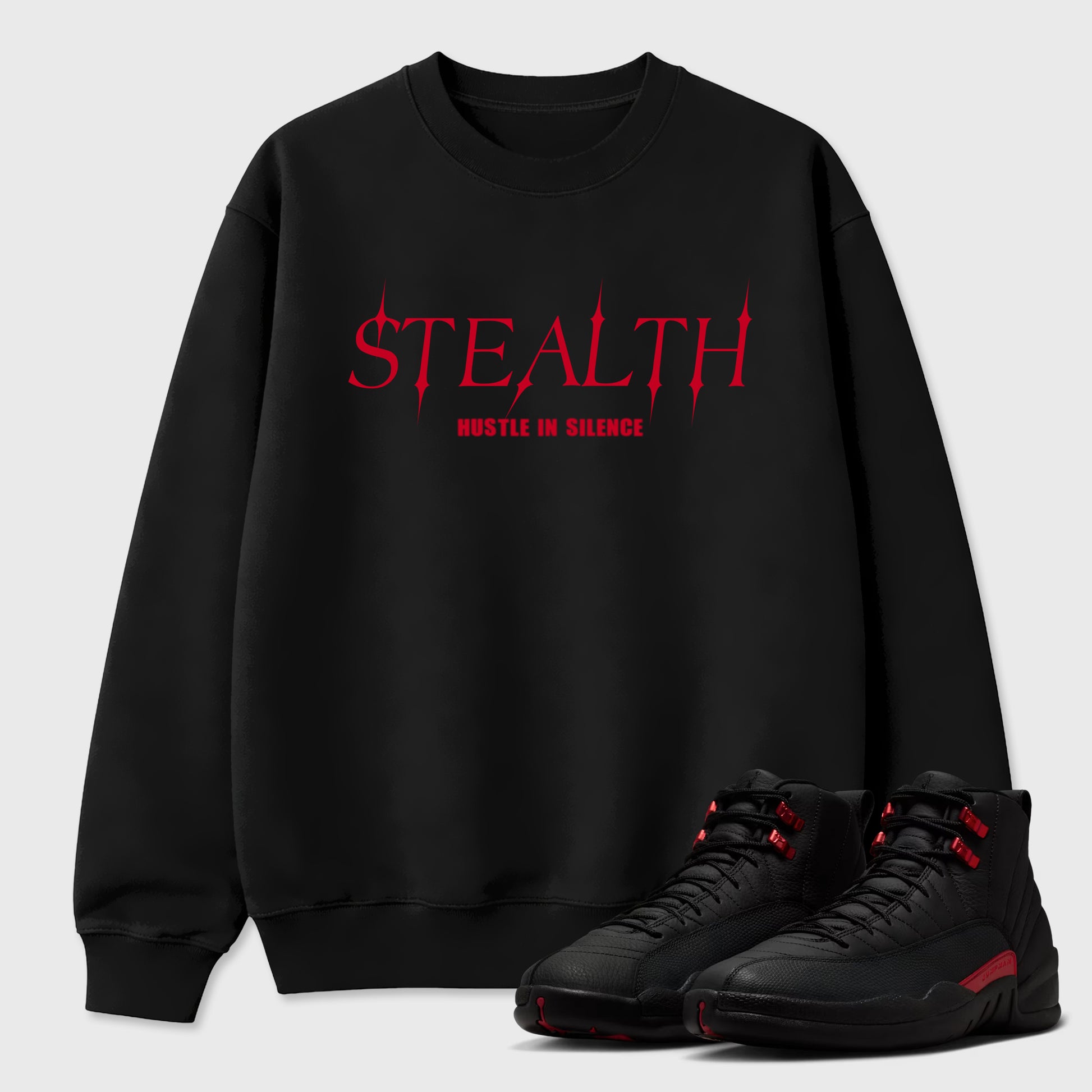 Stealth Graphic T-Shirt sneaker match tee designed for the Air Jordan 12 Bloodline, featuring coordinated color options for a perfect streetwear match. Black 1 shirt.
