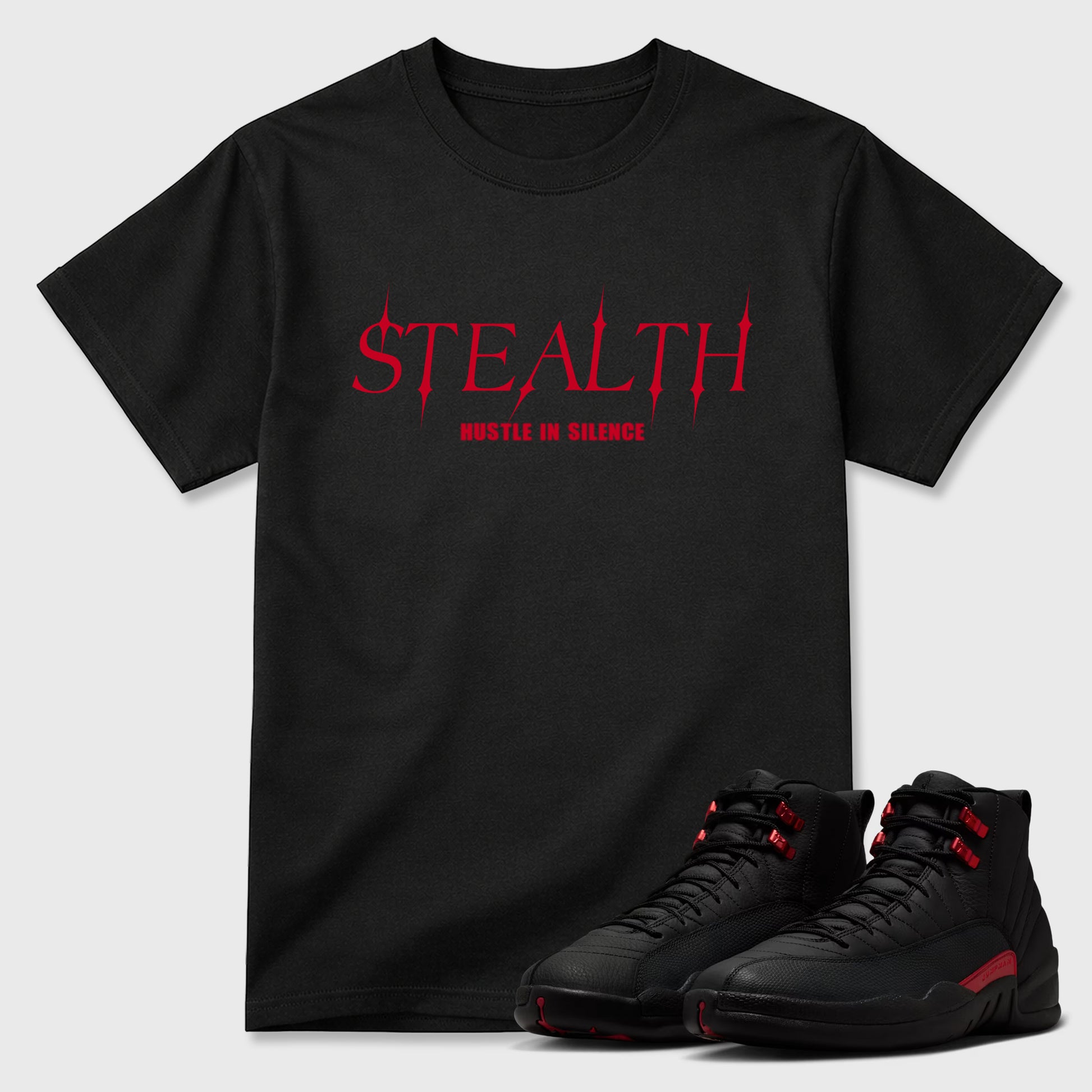 Stealth Graphic T-Shirt sneaker match tee designed for the Air Jordan 12 Bloodline, featuring coordinated color options for a perfect streetwear match. Black 1 shirt.