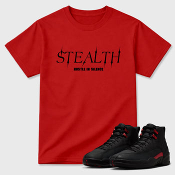 Stealth Graphic T-Shirt sneaker match tee designed for the Air Jordan 12 Bloodline, featuring coordinated color options for a perfect streetwear match. Red 1 shirt.