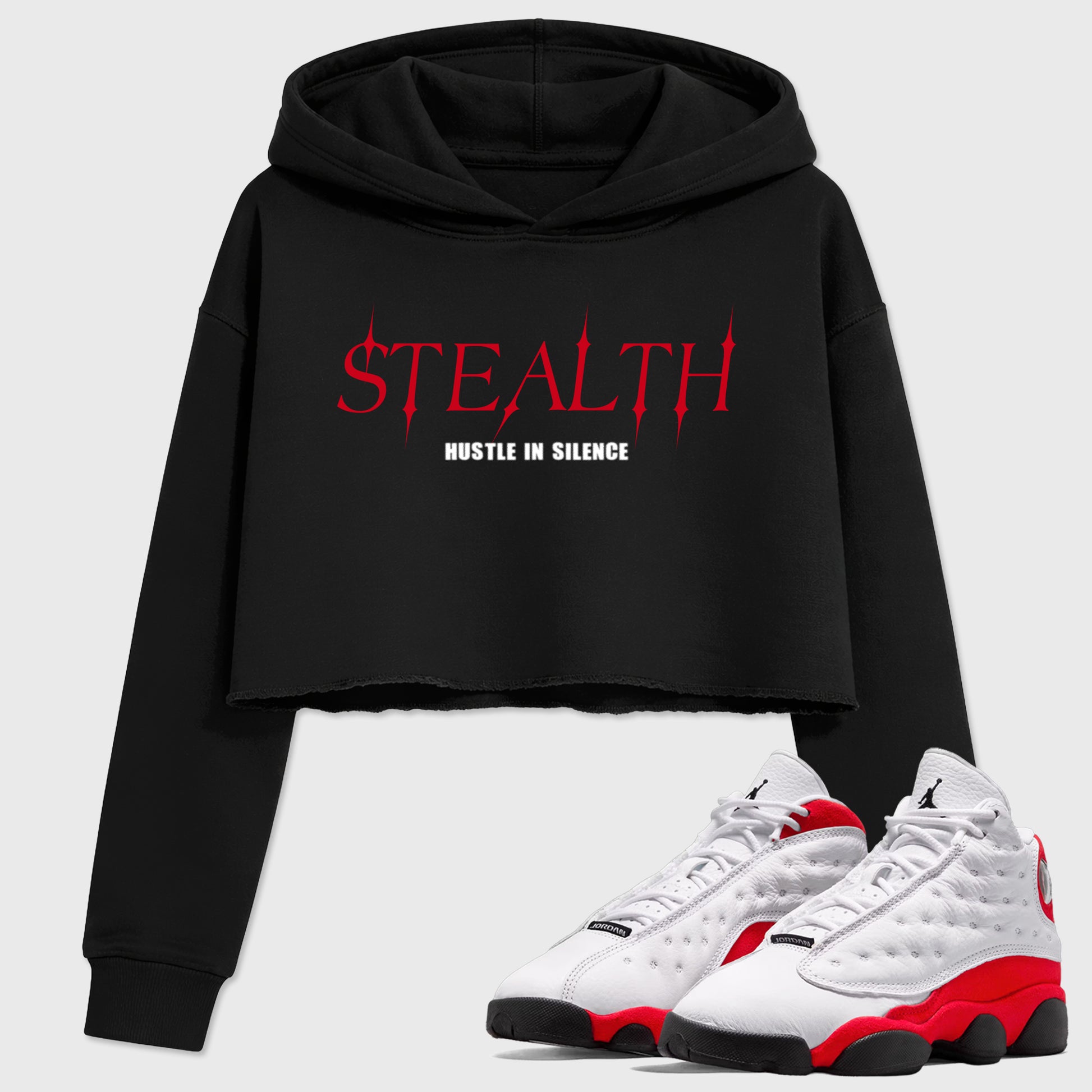 Sneaker match tees – Sneaker Tees To Match Air Jordan 13 University Red Shoes – Stealth Crop T-Shirt Black 1