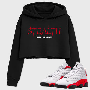 Sneaker match tees – Sneaker Tees To Match Air Jordan 13 University Red Shoes – Stealth Crop T-Shirt Black 1