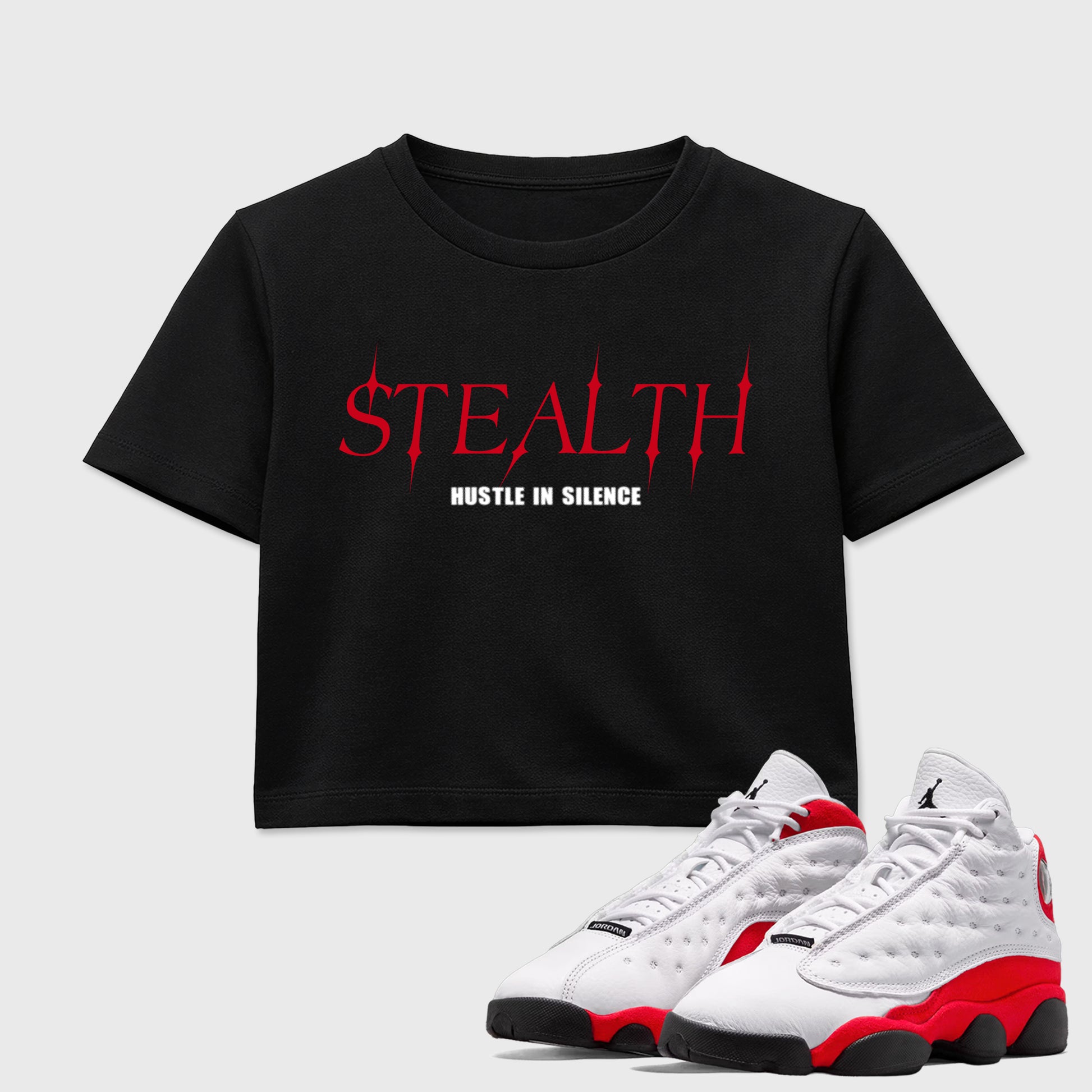 Sneaker match tees – Sneaker Tees To Match Air Jordan 13 University Red Shoes – Stealth Crop T-Shirt Black 1