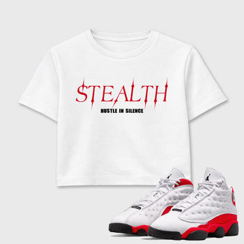 Sneaker match tees – Sneaker Tees To Match Air Jordan 13 University Red Shoes – Stealth Crop T-Shirt White 1