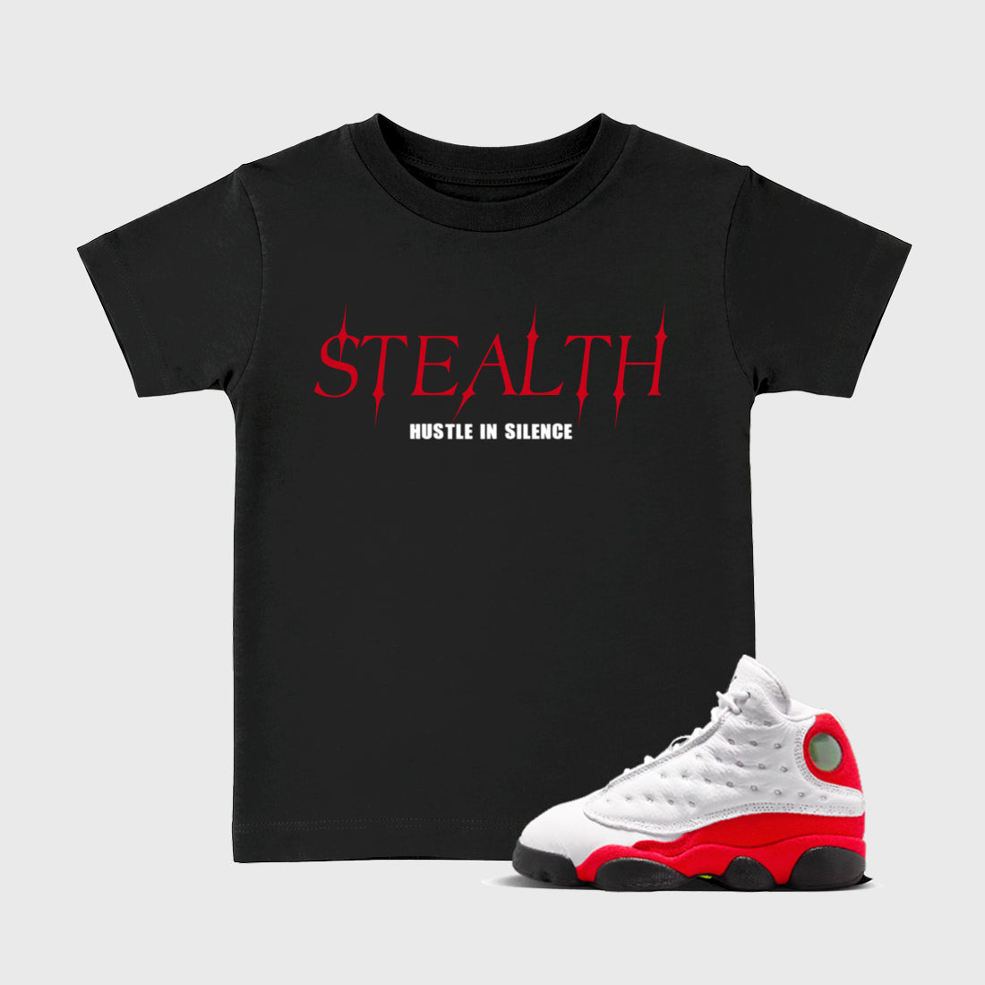 Sneaker match tees – Sneaker Tees To Match Air Jordan 13 University Red Shoes – Stealth Kids T-Shirt Black 1