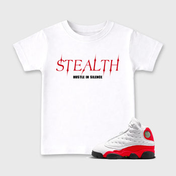Sneaker match tees – Sneaker Tees To Match Air Jordan 13 University Red Shoes – Stealth Kids T-Shirt White 1