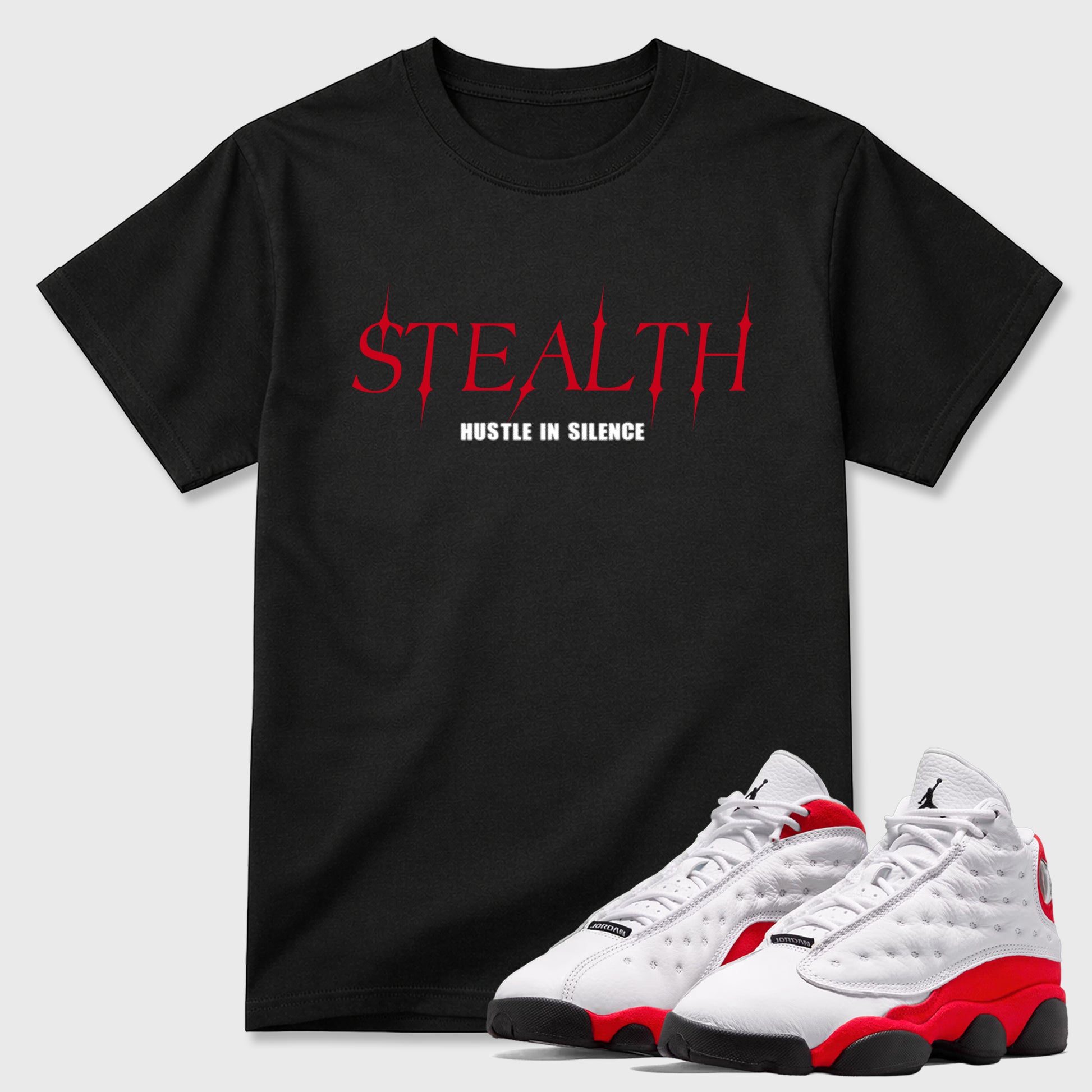 Sneaker match tees – Sneaker Tees To Match Air Jordan 13 University Red Shoes – Stealth Tee Black 1