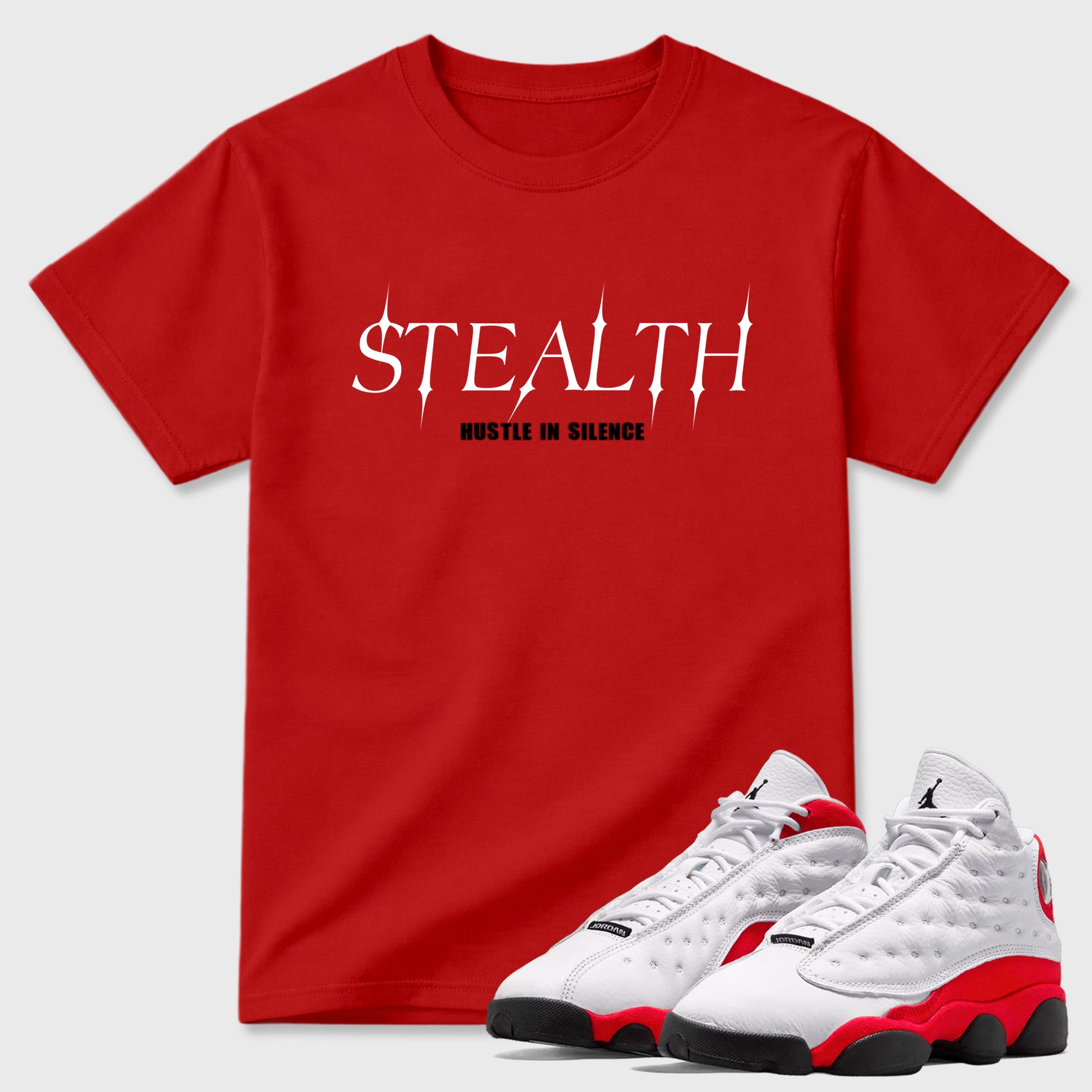 Sneaker match tees – Sneaker Tees To Match Air Jordan 13 University Red Shoes – Stealth Tee Red 1