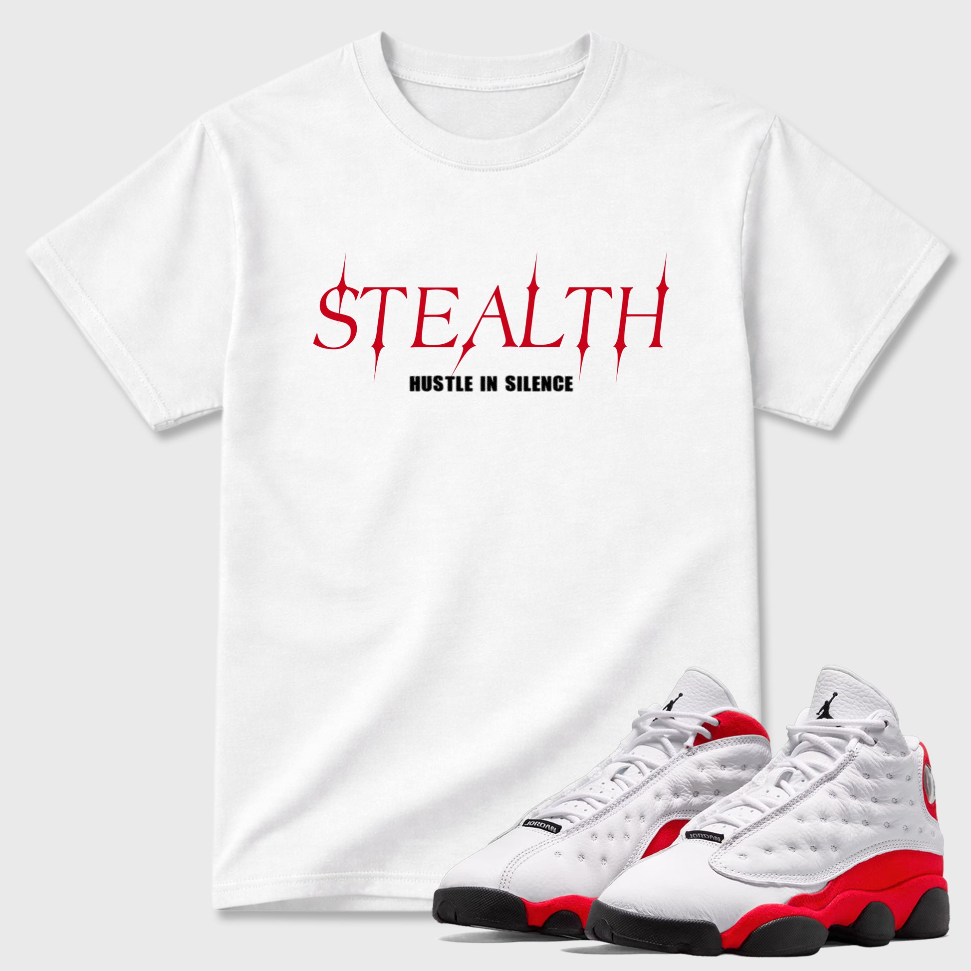 Sneaker match tees – Sneaker Tees To Match Air Jordan 13 University Red Shoes – Stealth Tee White 1