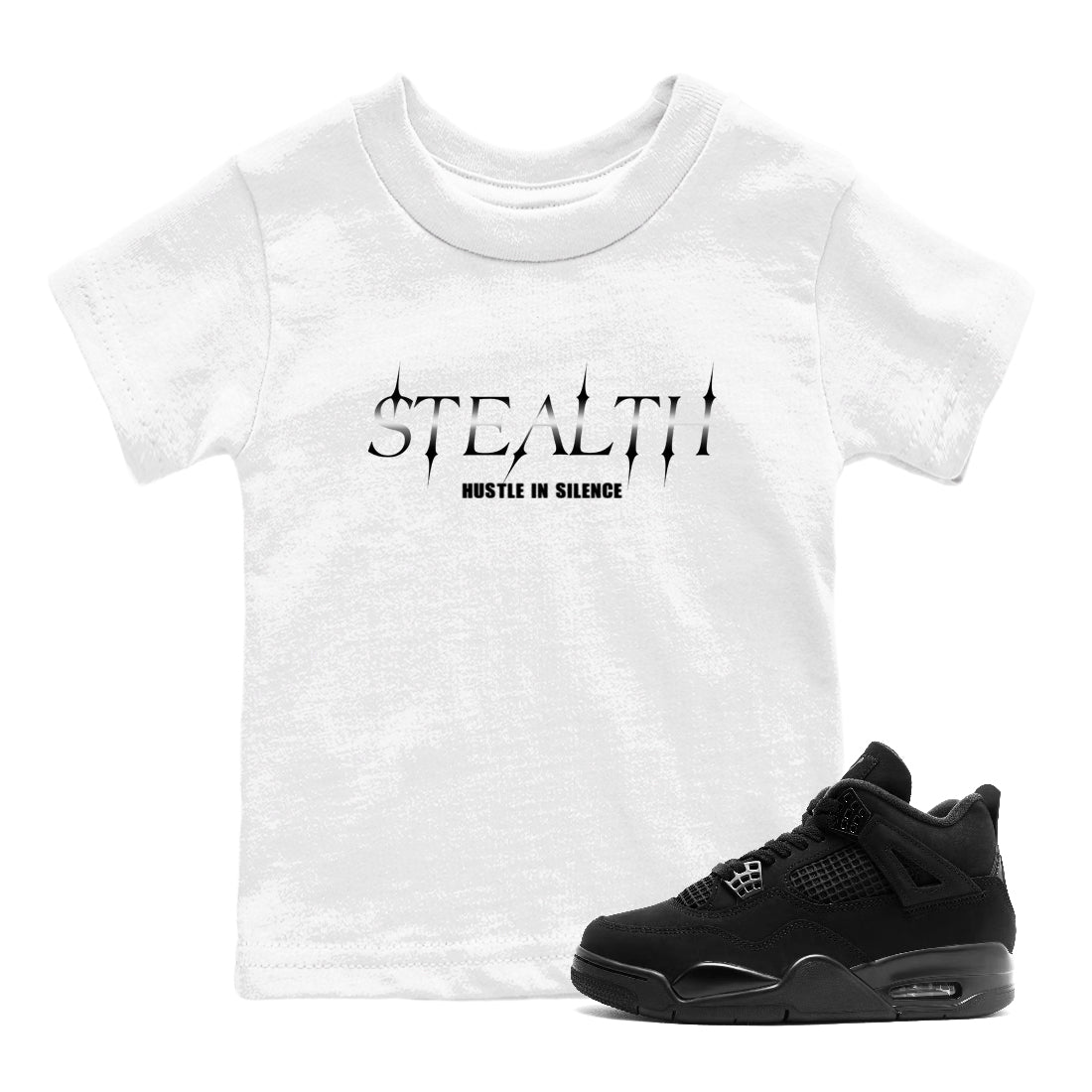 Sneaker match tees – Sneaker Tees To Match Air Jordan 4 Black Cat Shoes – Stealth Kids T-Shirt White 1